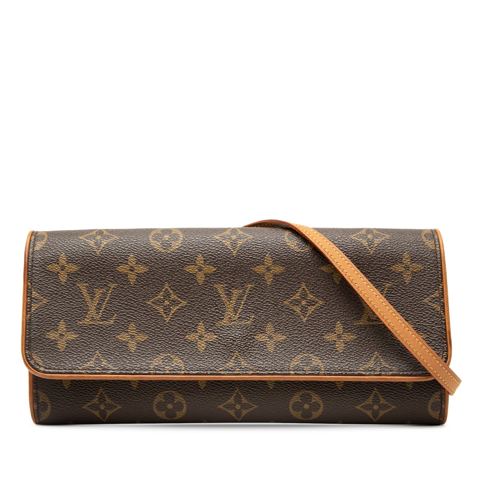 Louis Vuitton Twin GM Monogram Pochette Shoulder Bag: Louis Vuitton Twin GM Monogram Pochette Shoulder Bag Louis Vuitton Monogram Pochette Twin GM in brown monogram canvas with a flat vachetta leather strap, front flap with magnetic snap closure, and an 