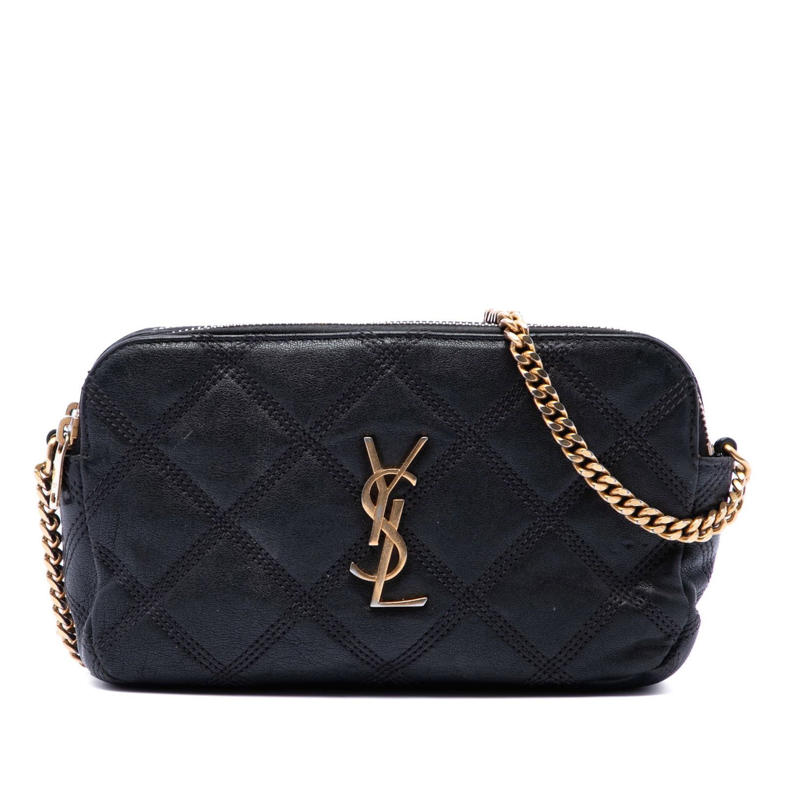 Saint Laurent Becky Double Zip Mini Quilted Lambskin Crossbody Bag: Saint Laurent Becky Double Zip Mini Quilted Lambskin Crossbody Bag Saint Laurent Becky Double Zip crossbody bag crafted in quilted lambskin leather. This mini bag features a chain strap with a leather