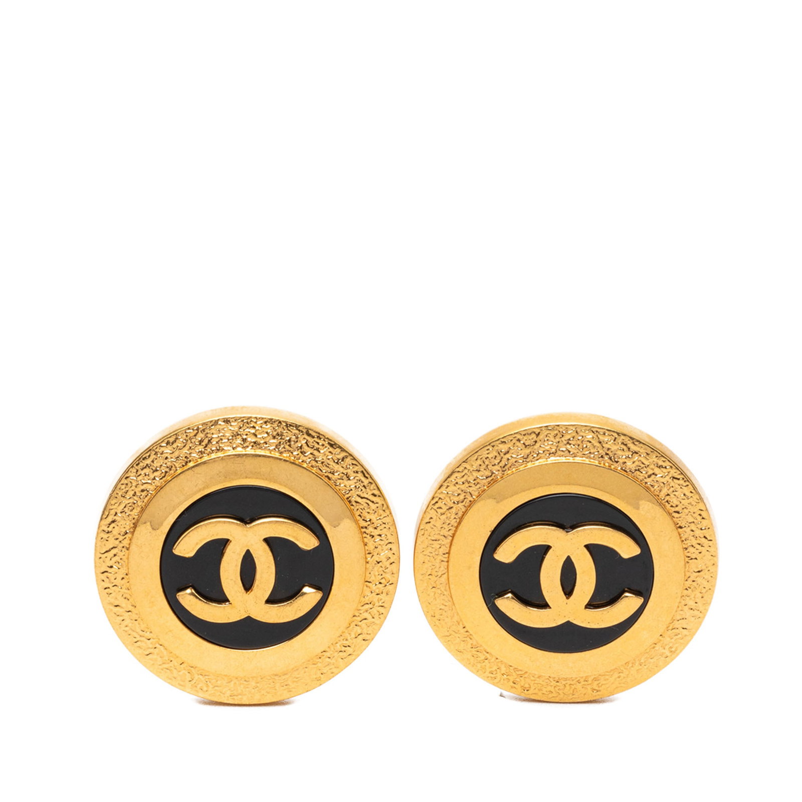 Chanel CC Round Button Clip Earrings Gold Plated Resin: Chanel CC Round Button Clip Earrings Gold Plated Resin Round clip-on button earrings featuring gold-tone metal and resin with the Chanel CC motif. Made in France, this costume jewelry pair has visible