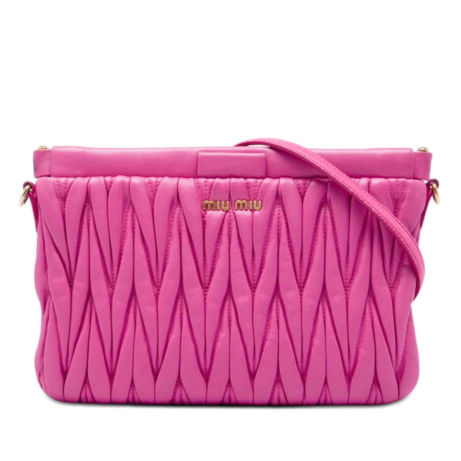 Miu Miu Matelasse Nappa Leather Crossbody Frame Clutch Pink: Miu Miu Matelasse Nappa Leather Crossbody Frame Clutch Pink Miu Miu Matelasse Nappa Frame Clutch with Strap in pink quilted nappa leather. This bag features a top frame closure, a detachable and adjus