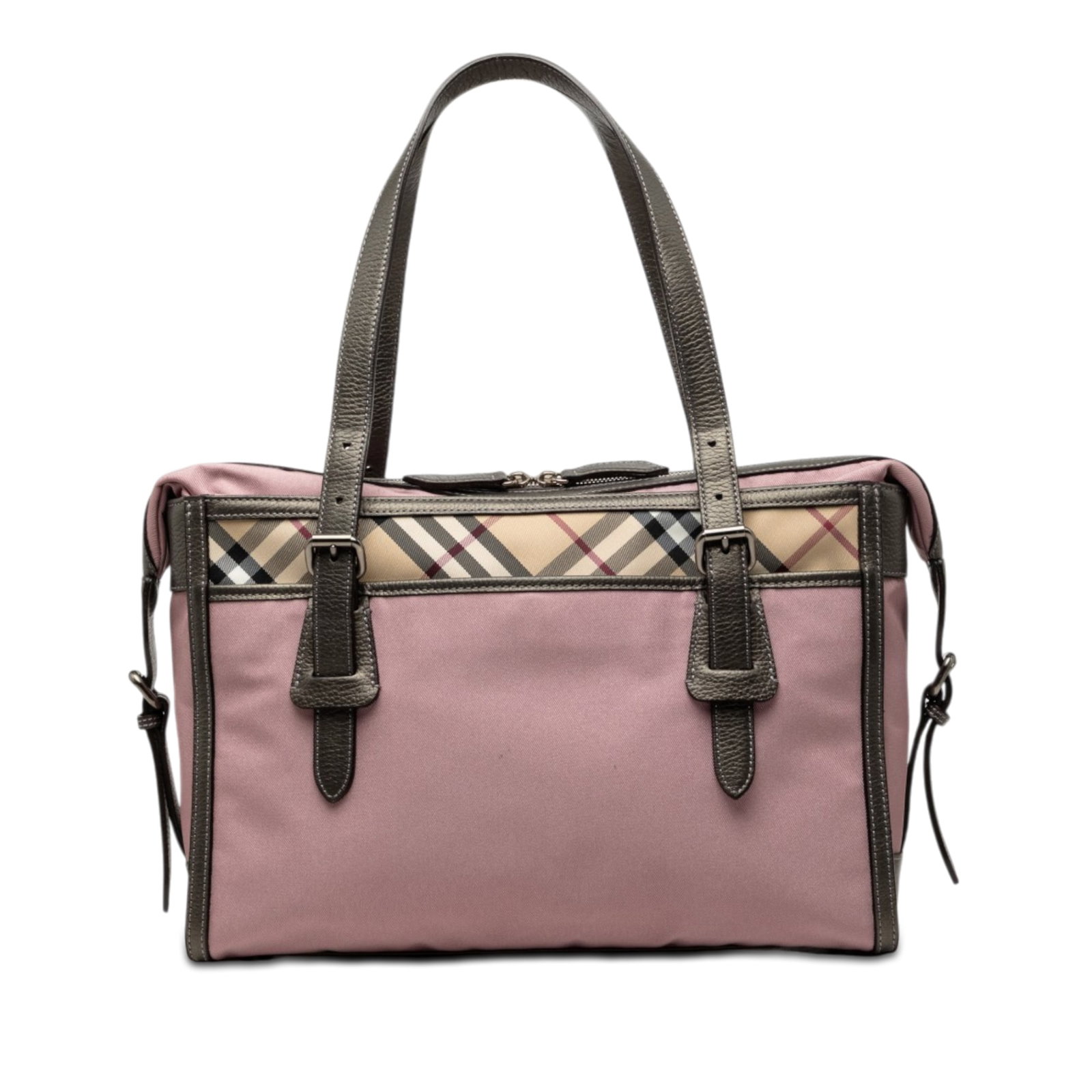 Burberry Nova Check Tote Pink Canvas with Leather Trim: Burberry Nova Check Tote Pink Canvas with Leather Trim Burberry Nova Check tote bag with leather trim and a canvas body. It features adjustable flat leather handles, a top zip closure, and an interior