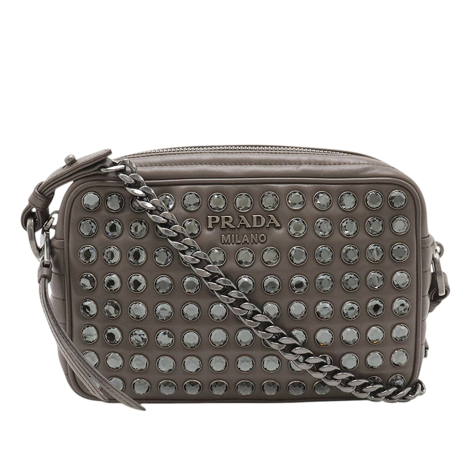 Prada Diagramme Studded Leather Camera Crossbody Bag Brown (1 of 8)