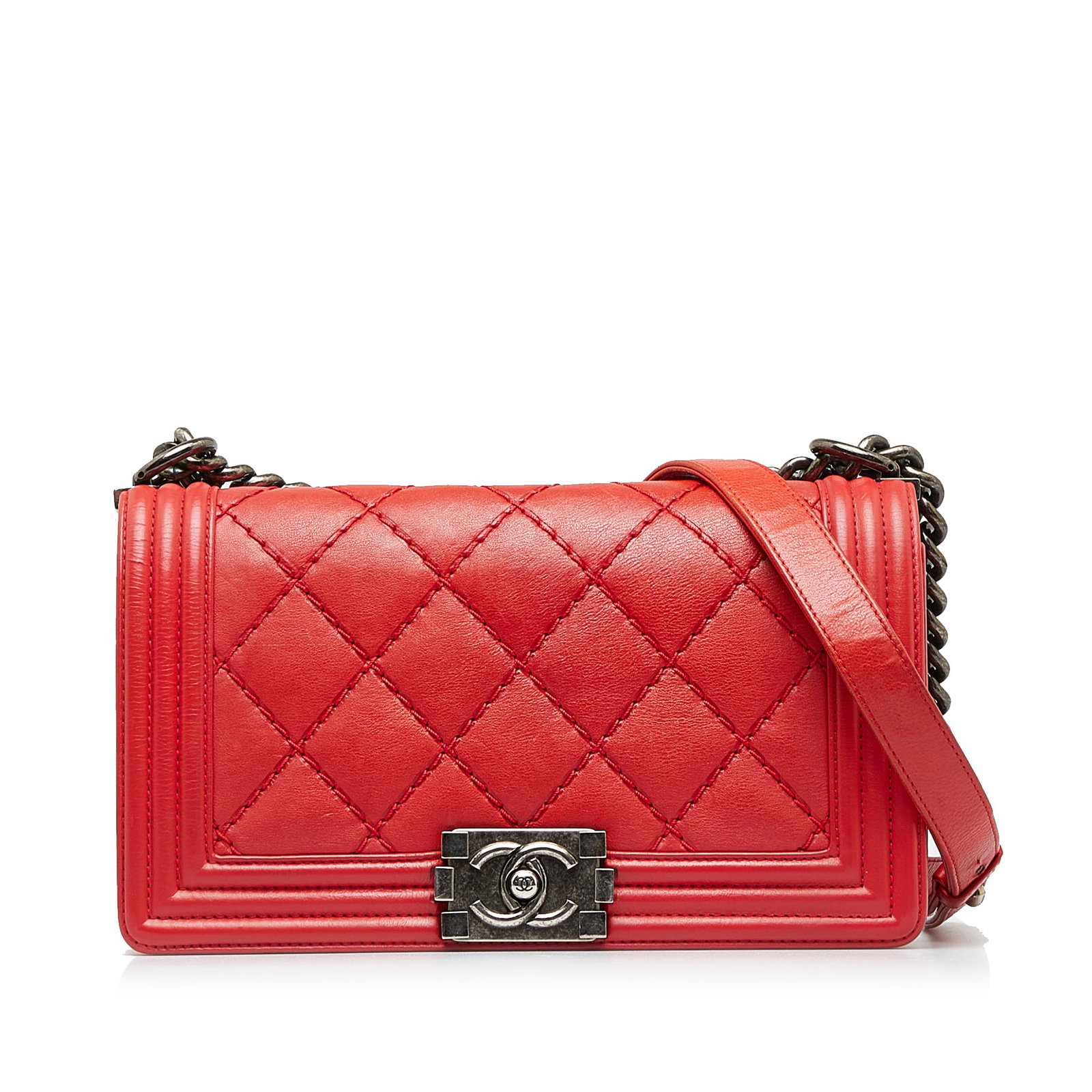 Chanel Boy Flap Red Quilted Calfskin Old Medium Double Stitch Shoulder Bag: Chanel Boy Flap Red Quilted Calfskin Old Medium Double Stitch Shoulder Bag This Chanel Old Medium Calfskin Double Stitch Boy Flap bag features a quilted lambskin leather body in red, complemented by a
