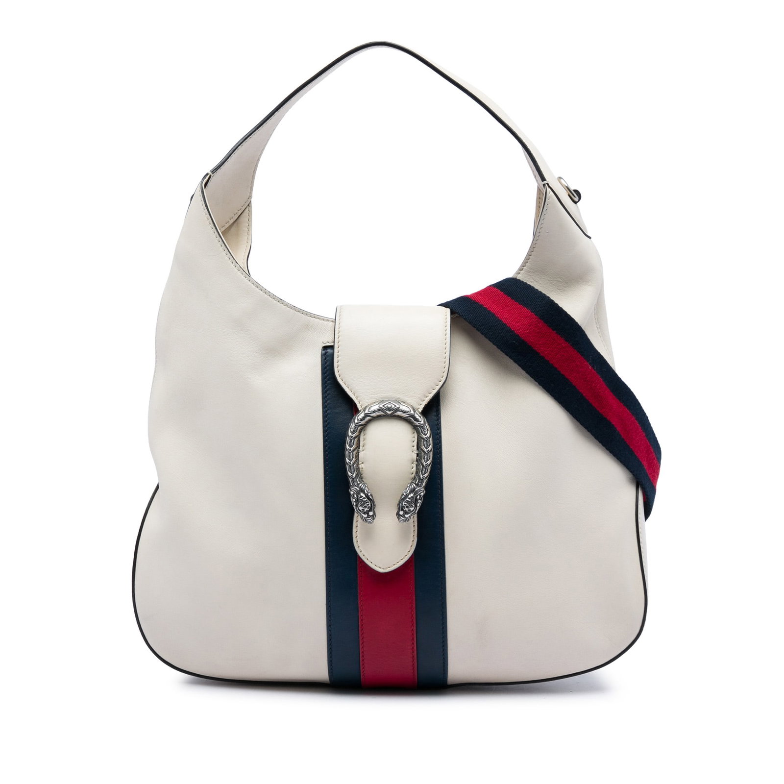 Gucci Dionysus Web Satchel White Calfskin Leather Bag: Gucci Dionysus Web Satchel White Calfskin Leather Bag Gucci Dionysus Web satchel in white calfskin leather with a flat leather strap and a detachable flat strap. The bag features an open top with a fl