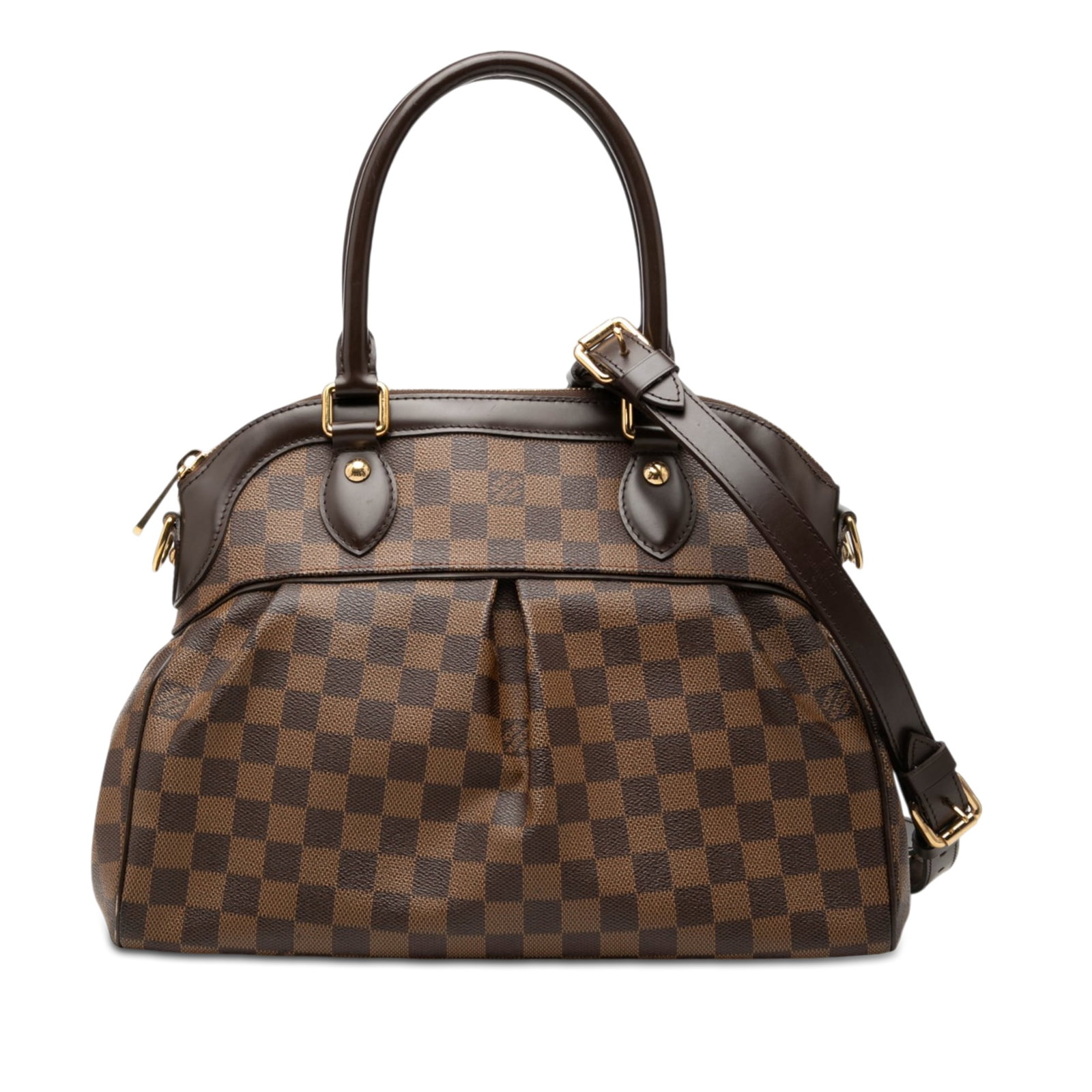 Louis Vuitton Trevi PM Damier Ebene Brown Shoulder Bag: Louis Vuitton Trevi PM Damier Ebene Brown Shoulder Bag Louis Vuitton Damier Ebene Trevi PM handbag with leather trim, rolled leather handles, a detachable and adjustable flat leather shoulder strap, t