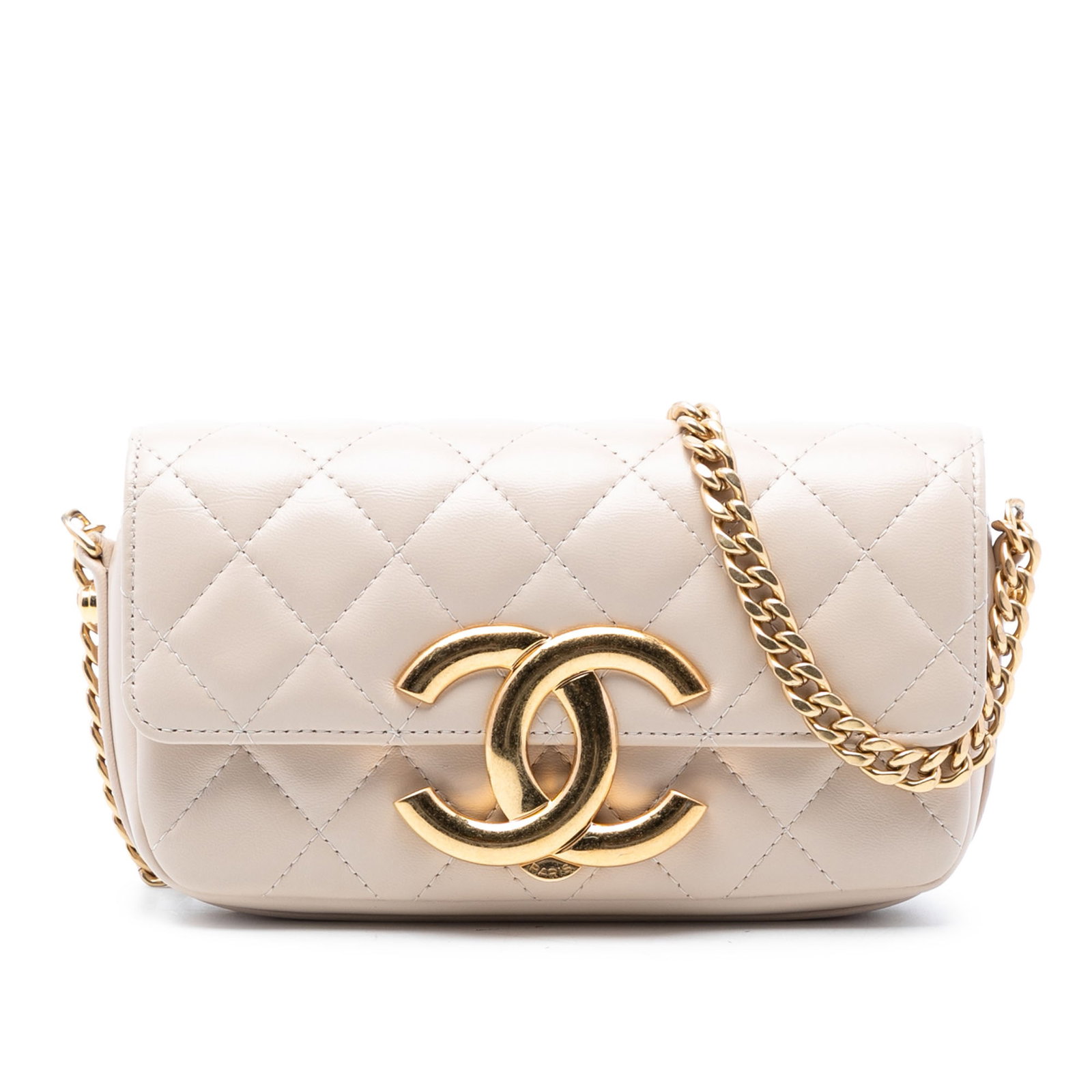 Chanel Brown Lambskin Crossbody Phone Pouch with Chain and Large CC Flap: Chanel Brown Lambskin Crossbody Phone Pouch with Chain and Large CC Flap This Chanel crossbody phone holder features a quilted lambskin leather exterior in brown with a prominent CC logo on the flap. 