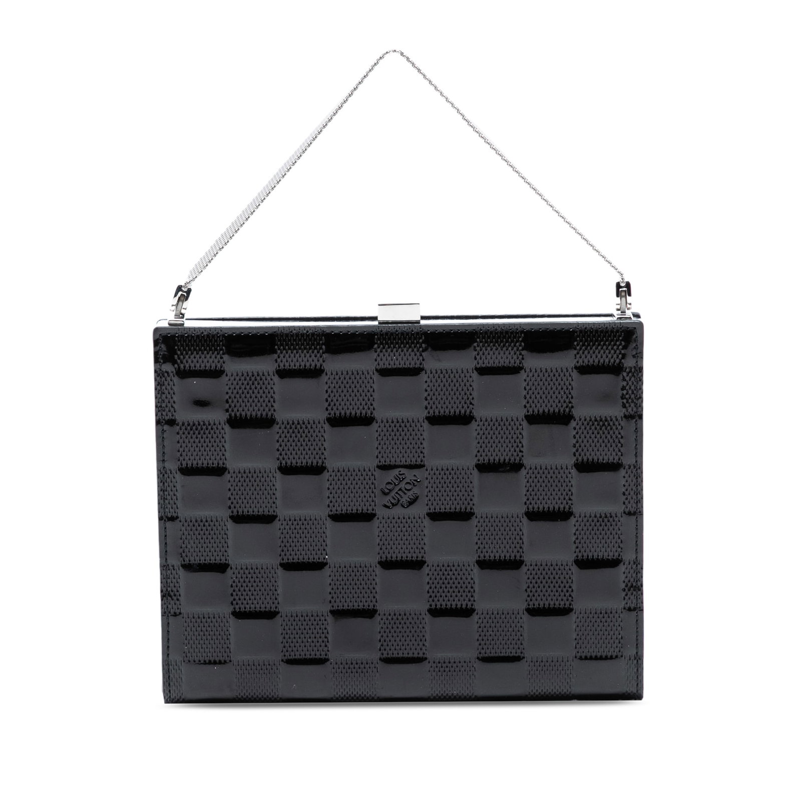 Louis Vuitton Ange MM black vernis leather clutch bag: Louis Vuitton Ange MM black vernis leather clutch bag Louis Vuitton Damier Vernis Ange MM bag crafted in vernis leather with a silver-tone strap and a metal frame with clasp closure. The interior incl