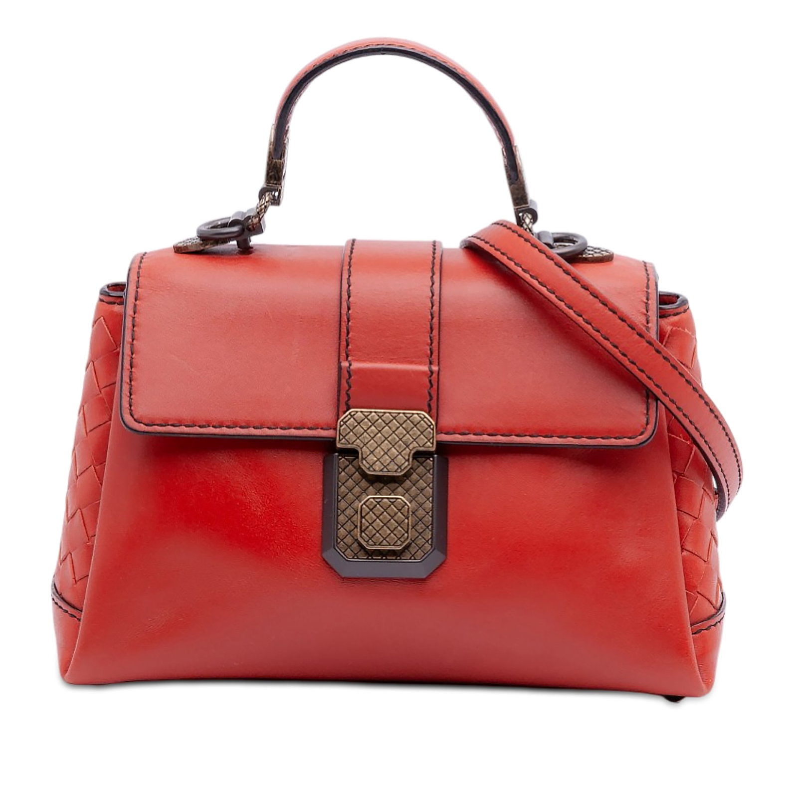 Bottega Veneta Mini Piazza Orange Nappa Leather Top Handle Satchel Bag: Bottega Veneta Mini Piazza Orange Nappa Leather Top Handle Satchel Bag This Bottega Veneta Mini Intrecciato Trimmed Nappa Piazza top handle satchel is crafted from orange nappa leather and features a 