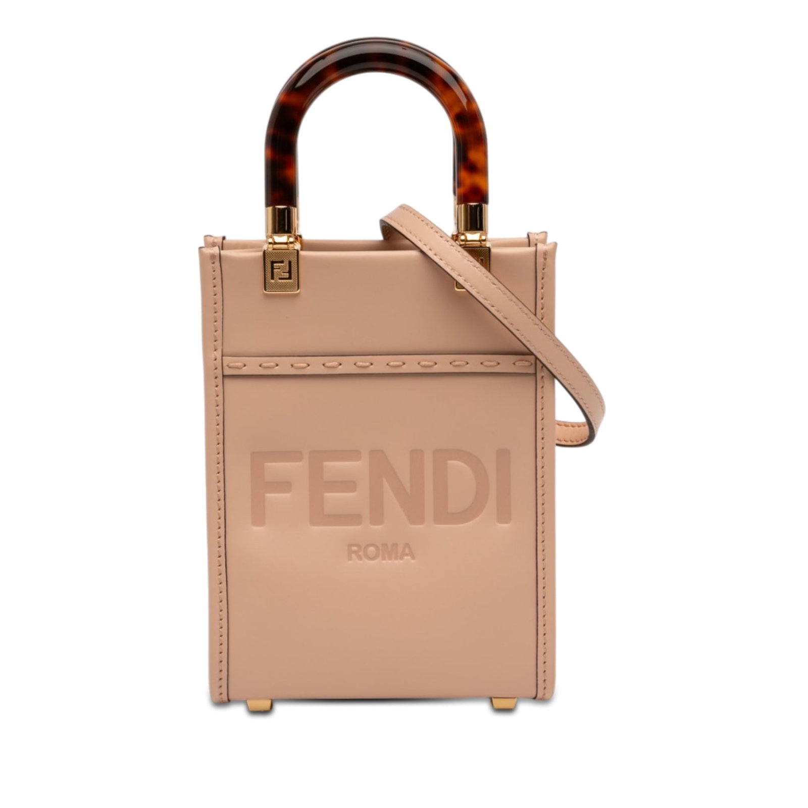Fendi Mini Sunshine Shopper Leather Tote Bag Pink: Fendi Mini Sunshine Shopper Leather Tote Bag Pink A compact Fendi Mini Sunshine Shopper tote crafted in pink leather with acrylic top handles and a detachable flat leather shoulder strap. The open-top