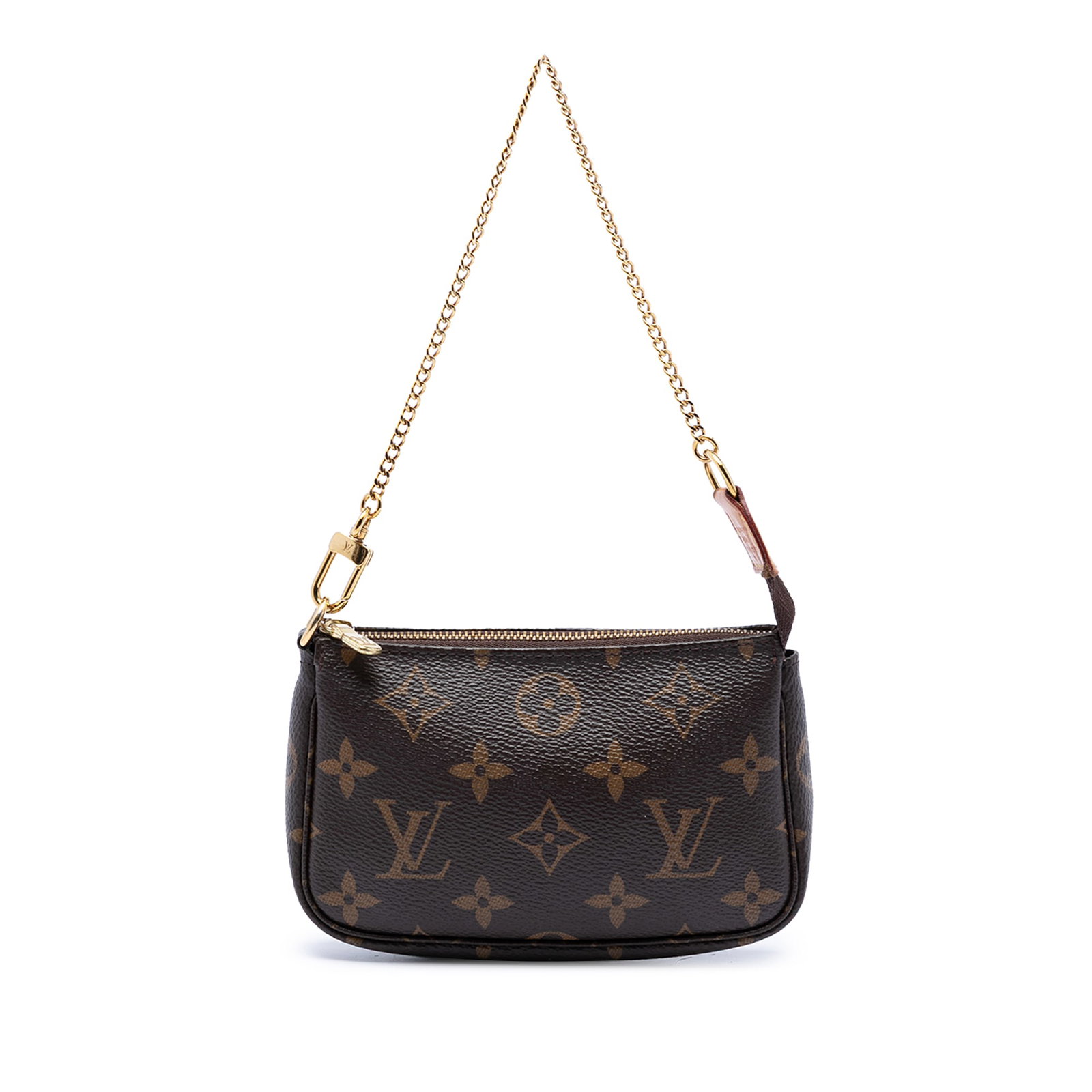 Louis Vuitton Monogram Mini Pochette Canvas Zip Bag: Louis Vuitton Monogram Mini Pochette Canvas Zip Bag Louis Vuitton Monogram Mini Pochette Accessoires in brown monogram canvas with a chain link strap and top zip closure. Made in Spain. Condition B+ w