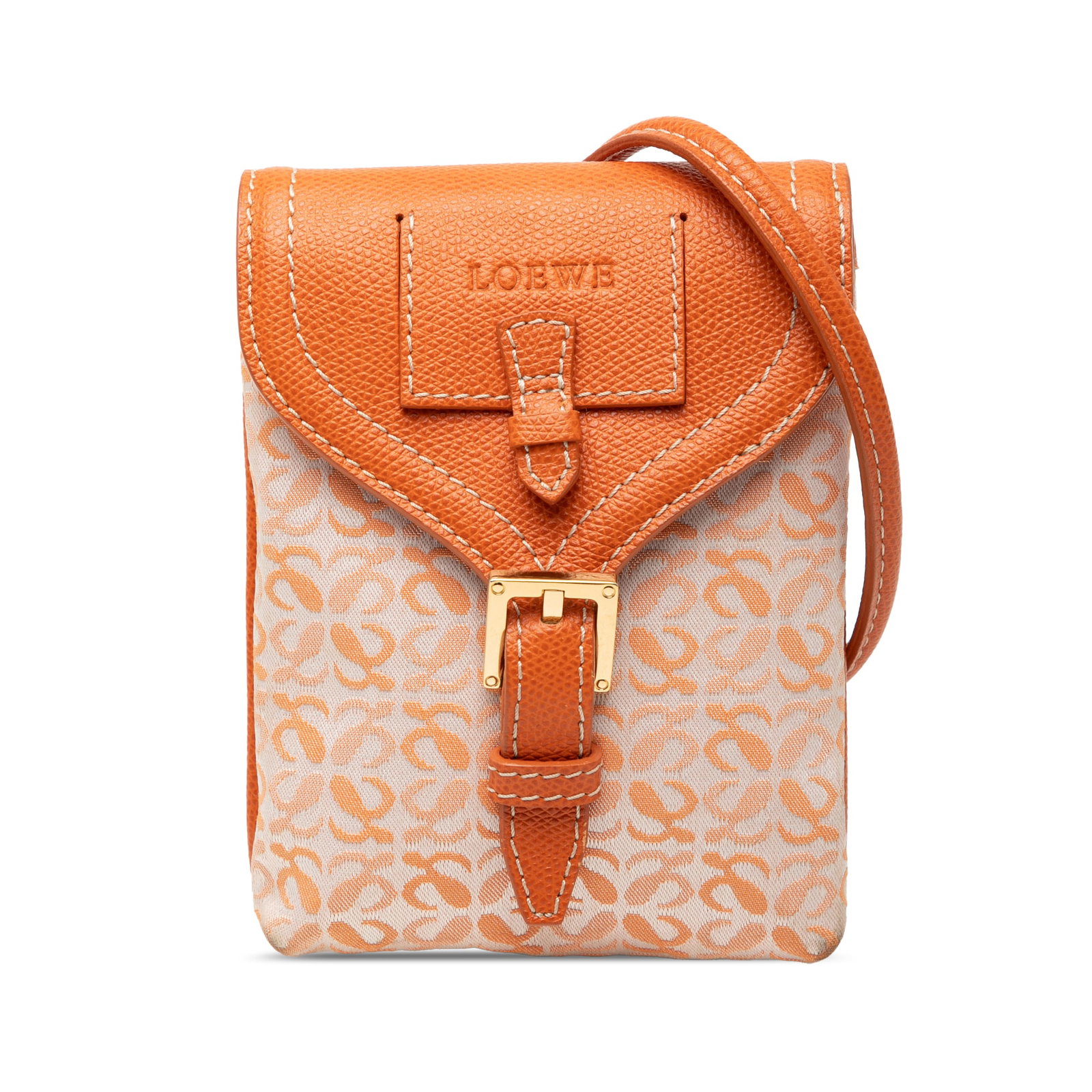 LOEWE Mini Anagram Crossbody Bag in Orange Canvas: LOEWE Mini Anagram Crossbody Bag in Orange Canvas LOEWE Mini Anagram crossbody bag crafted with a canvas body, leather trim, a leather front flap with clasp closure, and a leather shoulder strap. The 