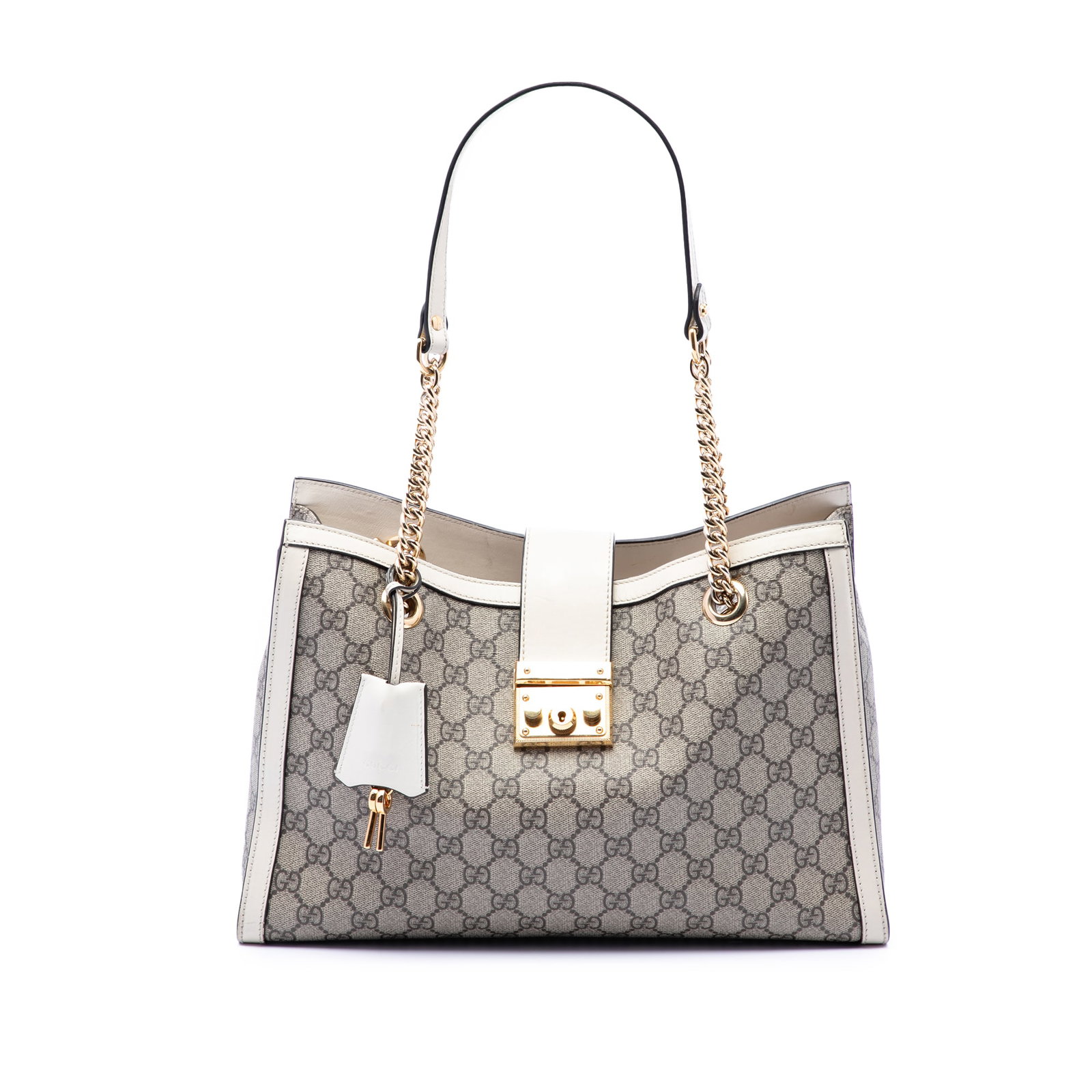 Gucci Padlock Tote Medium GG Supreme Beige Shoulder Bag: Gucci Padlock Tote Medium GG Supreme Beige Shoulder Bag Gucci Medium GG Supreme Padlock Tote with a coated canvas body and leather trim. This tote features chain-link shoulder straps with leather guar