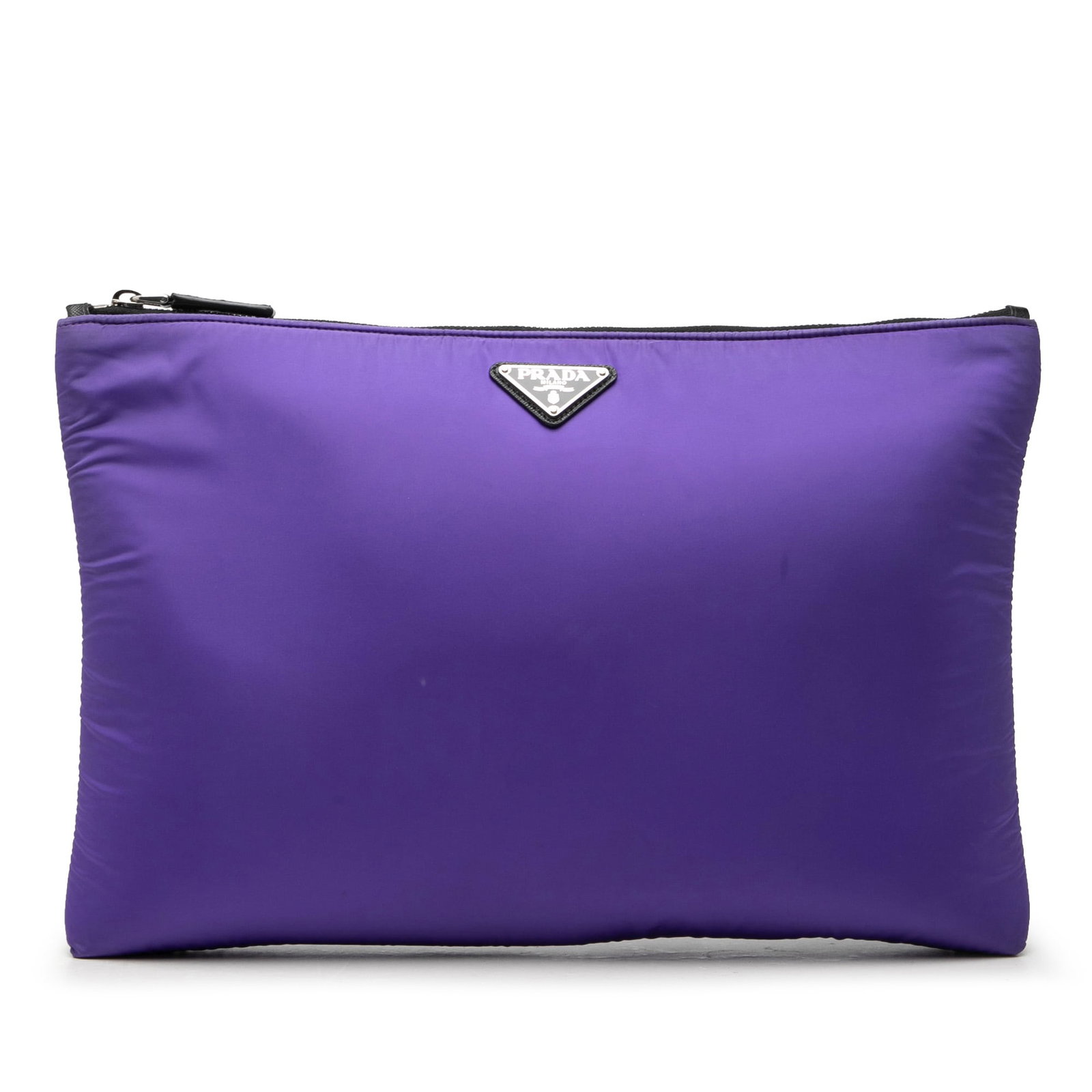 Prada Tessuto Padded Zip Clutch Bag in Purple Nylon: Prada Tessuto Padded Zip Clutch Bag in Purple Nylon Prada Tessuto padded zip clutch in purple fabric with a top zip closure. Made in China. Condition AB with visible signs of wear and use, including s