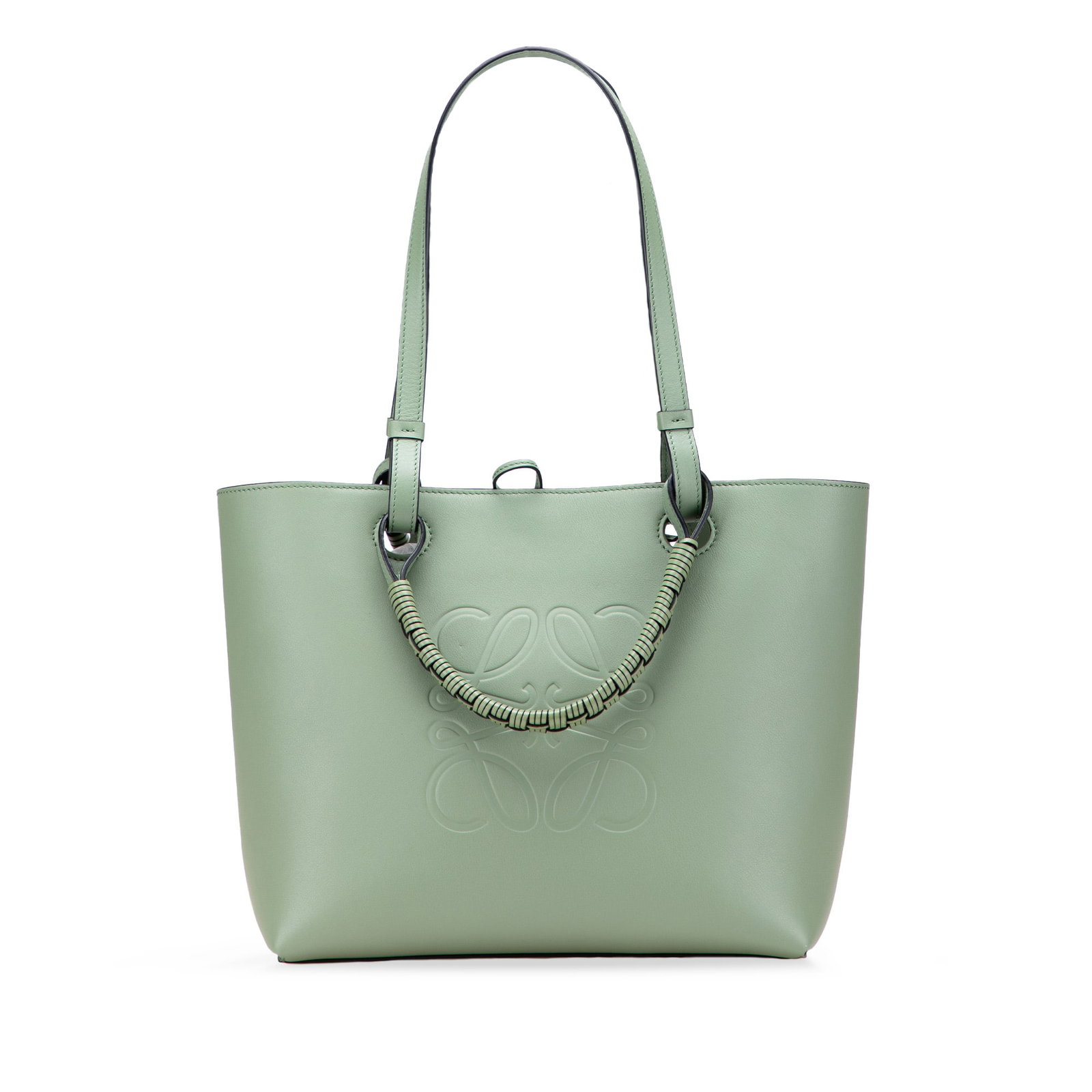 LOEWE Green Smooth Calfskin Anagram Tote Bag: LOEWE Green Smooth Calfskin Anagram Tote Bag The LOEWE Small Smooth Calfskin Anagram Tote is an elegant satchel crafted from premium leather, showcasing a sophisticated design with rolled leather hand