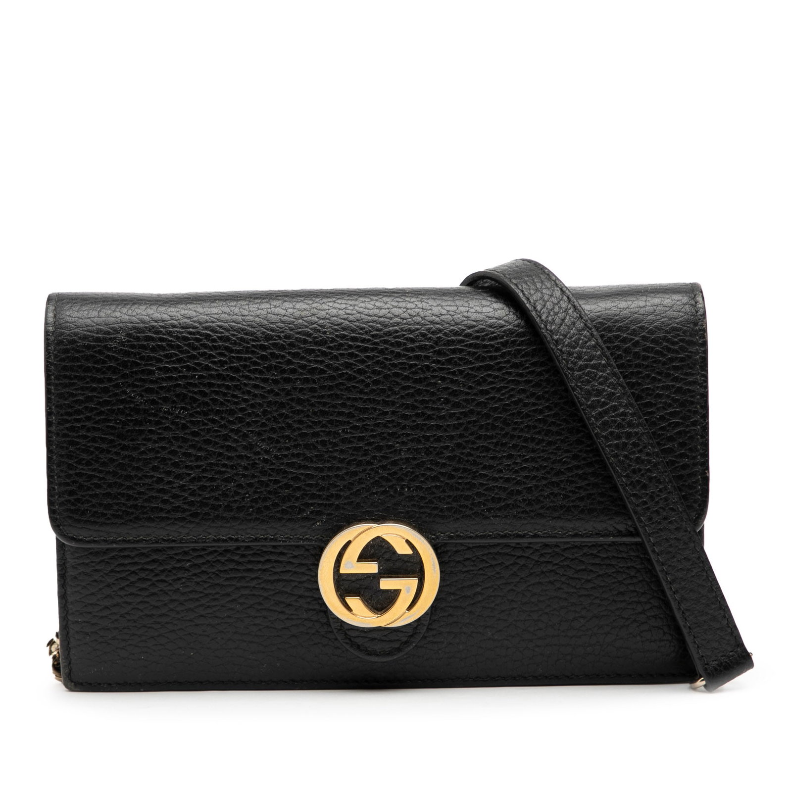 Gucci black leather Interlocking G wallet on chain with box: Gucci black leather Interlocking G wallet on chain with box This Gucci Interlocking G Dollar Wallet on Chain is crafted from black leather and features a curb chain strap with a leather section for co