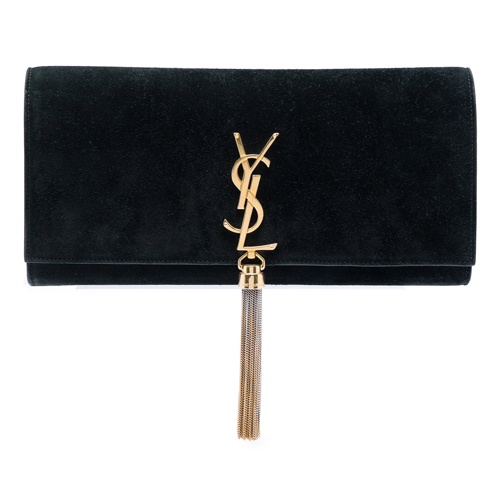 Black suede tassel clutch Saint Laurent Kate Monogram: Black suede tassel clutch Saint Laurent Kate Monogram Saint Laurent Kate tassel clutch crafted in black suede leather with the signature monogram styling. This flap clutch features a tassel detail, ma