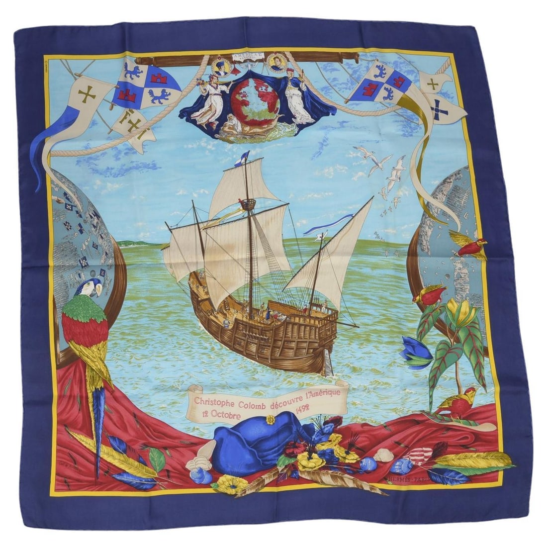 Christophe Colombus Amerique 35 Inch Silk Scarf by Hermes France: Christophe Colombus Amerique 35 Inch Silk Scarf by Hermes France This Hermes "Christophe Colombus Amerique" scarf is crafted from 100% silk and features hand rolled edges. Designed by artist Carl de P