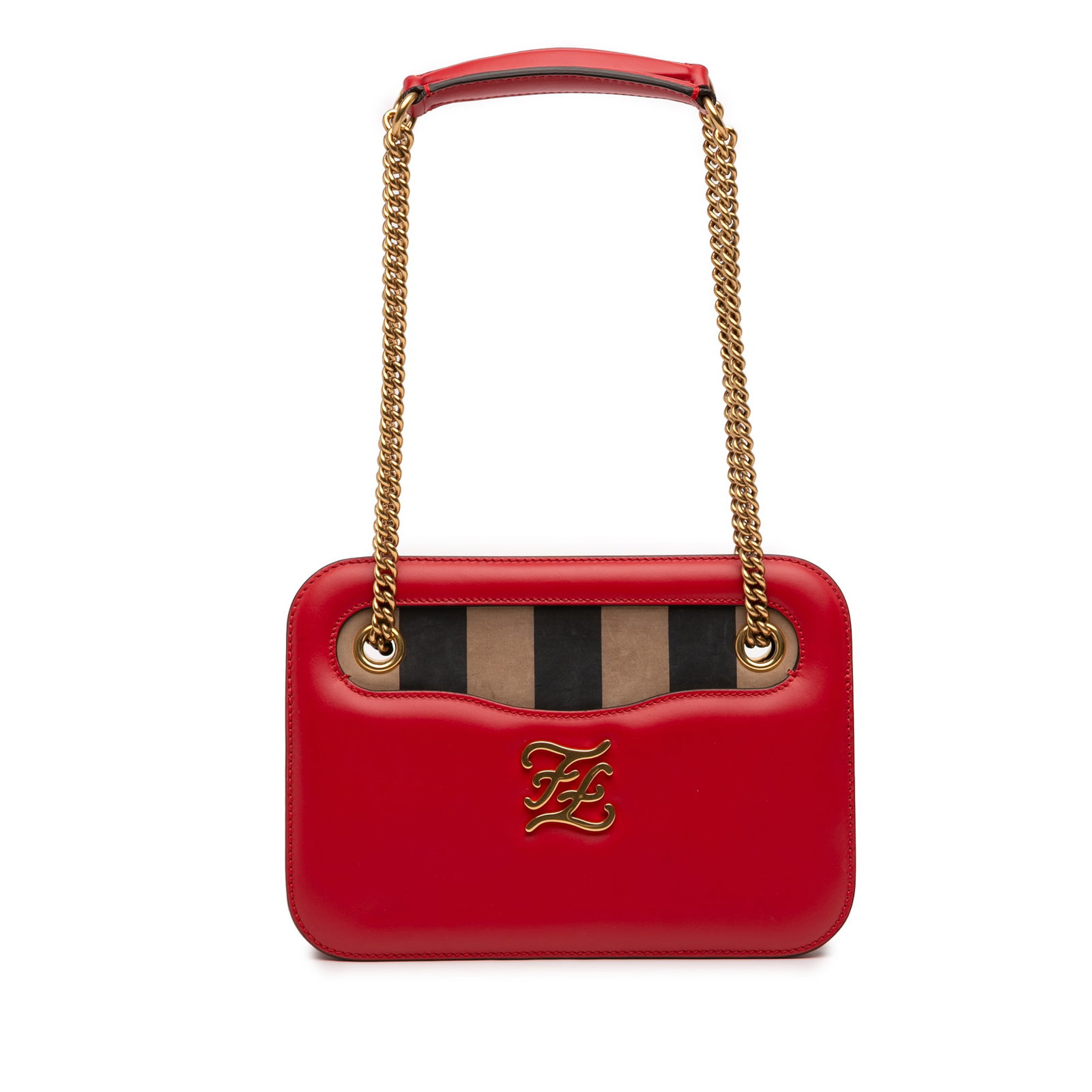 Fendi Karligraphy Pocket Shoulder Bag in Calfskin Leather with Chain Strap: Fendi Karligraphy Pocket Shoulder Bag in Calfskin Leather with Chain Strap This Fendi Karligraphy Pocket shoulder bag is crafted from calfskin Vitello King nubuck leather in a red Pequin pattern. It f