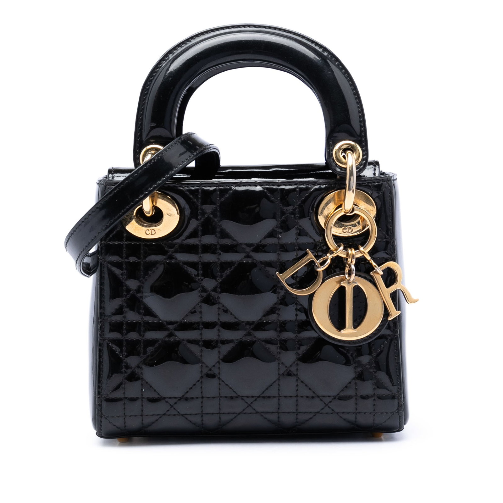 Dior Lady Dior Mini Cannage Patent Leather Bag Black: Dior Lady Dior Mini Cannage Patent Leather Bag Black This Mini Patent Cannage Lady Dior bag features a quilted patent leather body in black with flat leather top handles, a detachable flat leather sho