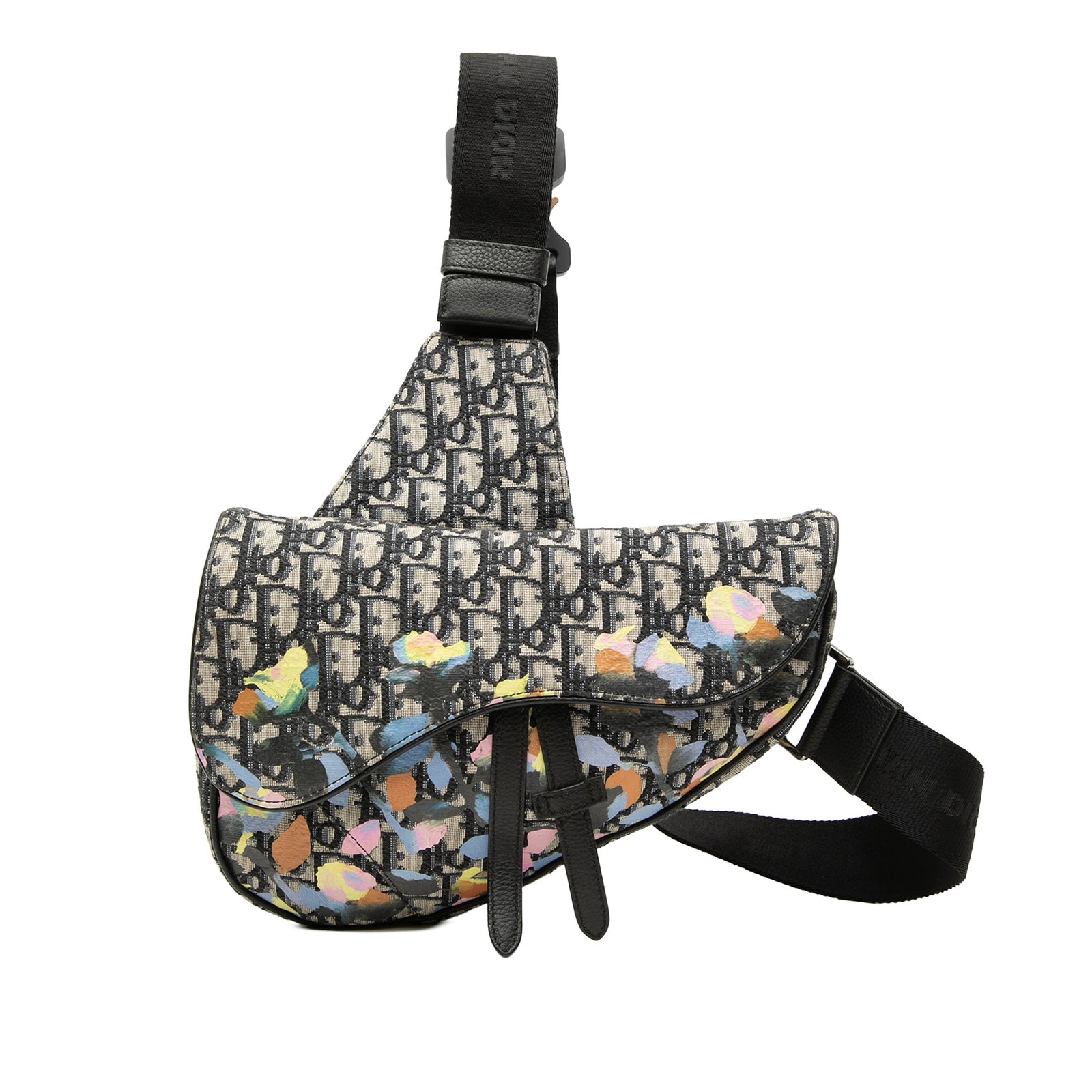 Dior Alex Foxton Saddle Crossbody in Blue Oblique Canvas: Dior Alex Foxton Saddle Crossbody in Blue Oblique Canvas Dior Alex Foxton Oblique Canvas Saddle Crossbody in blue fabric with a signature saddle silhouette. It features an adjustable flat shoulder str