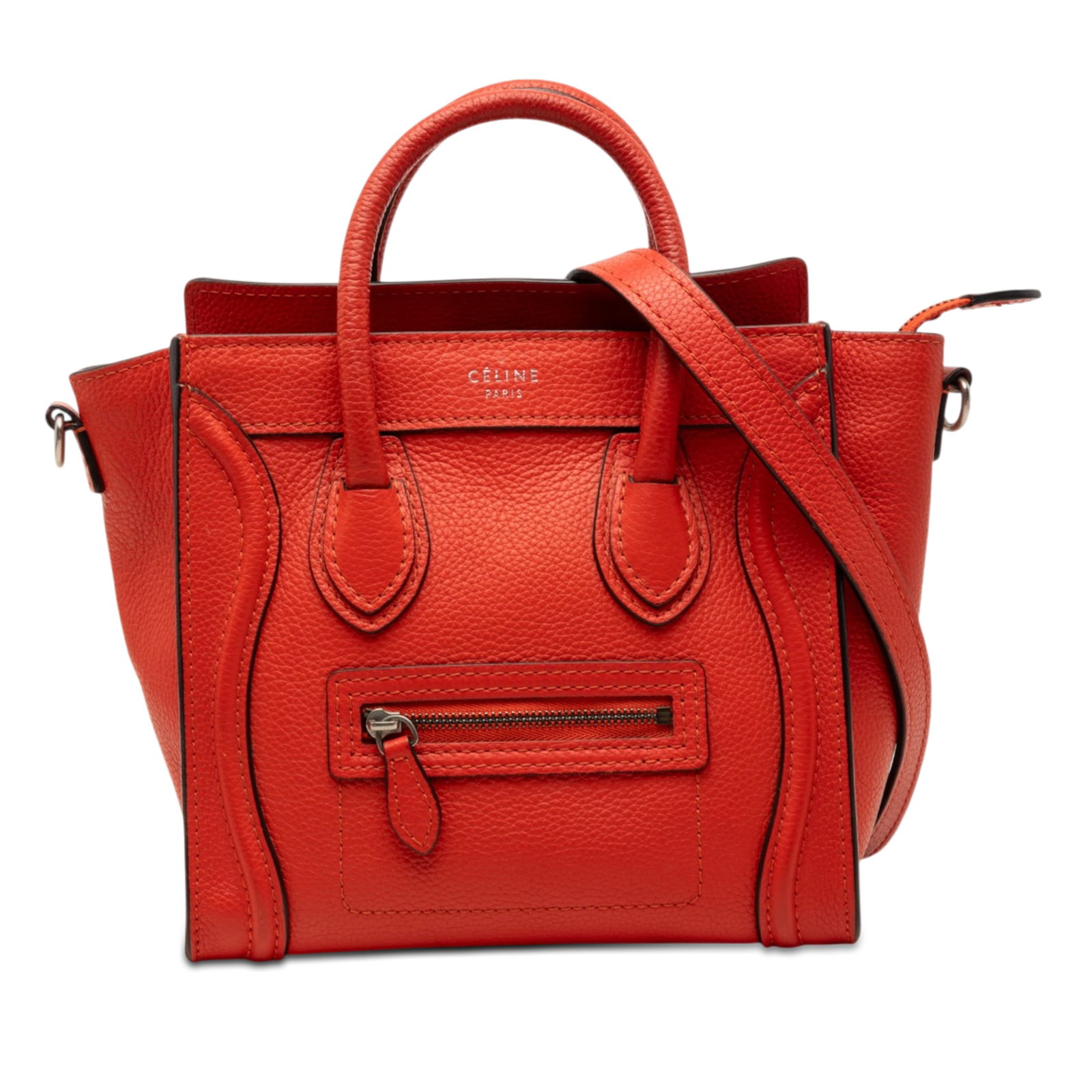 Celine Nano Luggage Tote Orange Leather Crossbody Bag: Celine Nano Luggage Tote Orange Leather Crossbody Bag Celine Nano Leather Luggage Tote in orange leather with rolled leather handles, a detachable strap, top zip closure, exterior front zip pocket, an