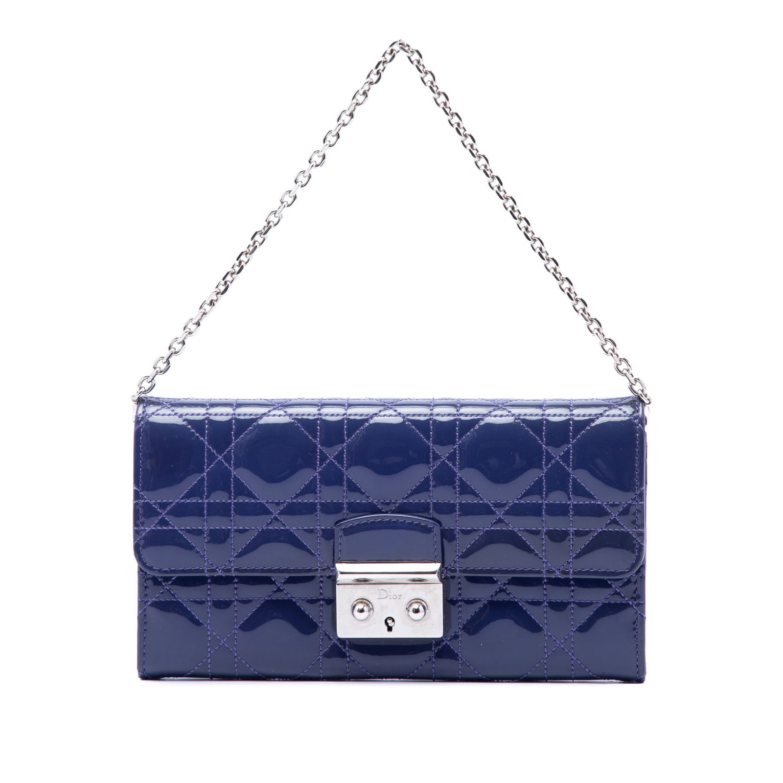 Dior Miss Dior Cannage Patent Leather Wallet on Chain Blue: Dior Miss Dior Cannage Patent Leather Wallet on Chain Blue A Dior Miss Dior wallet on chain crafted in blue quilted patent leather. This piece features a chain link handle, a front flap with push lock