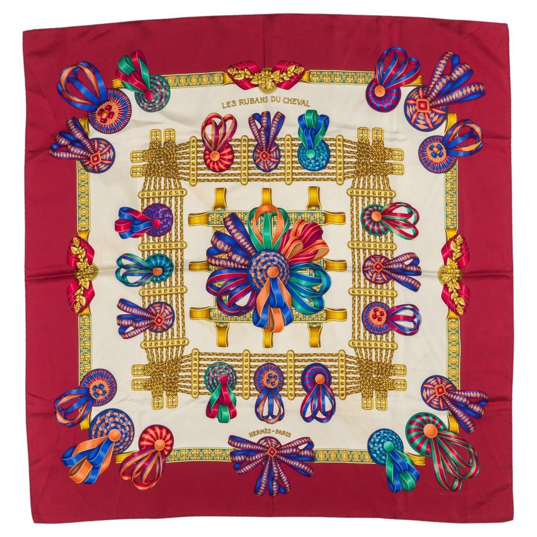 Hermes Les Rubans Du Cheval Silk Scarf by Joachim Metz 35 in France: Hermes Les Rubans Du Cheval Silk Scarf by Joachim Metz 35 in France This exquisite Hermes Les Rubans Du Cheval scarf is crafted from 100% silk, showcasing a stunning design by Joachim Metz. With a gen
