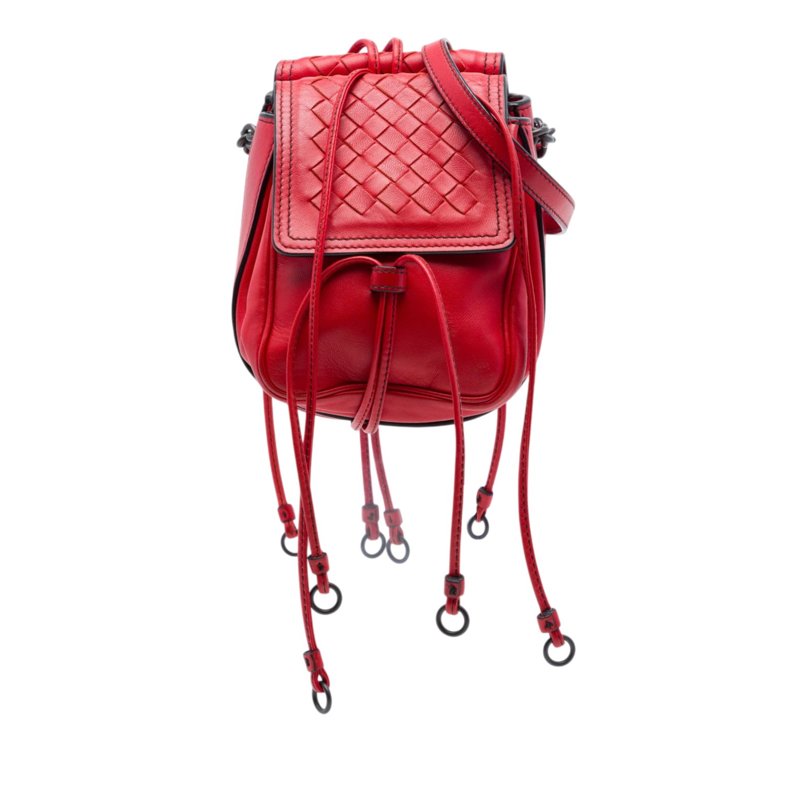 Bottega Veneta Intrecciato Nappa Leather Crossbody Bag Red: Bottega Veneta Intrecciato Nappa Leather Crossbody Bag Red Bottega Veneta Nappa Intrecciato Double Sided Flap Crossbody in red woven leather. This crossbody bag features a leather and chain link strap