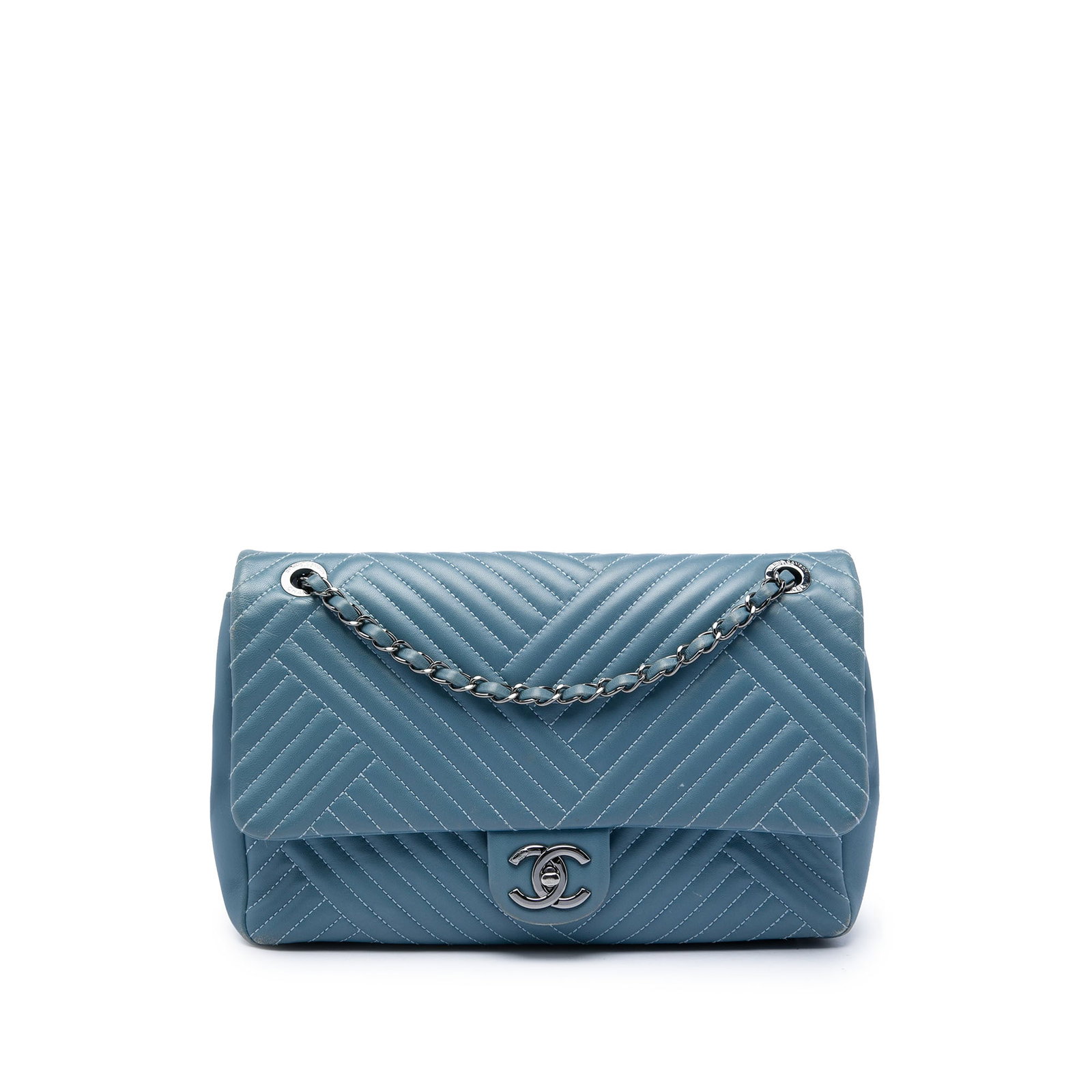 Chanel CC Crossing Flap Large Blue Lambskin Shoulder Bag: Chanel CC Crossing Flap Large Blue Lambskin Shoulder Bag Large Chanel CC Crossing Flap shoulder bag crafted in quilted blue lambskin leather. It features leather-woven chain link straps with a leather