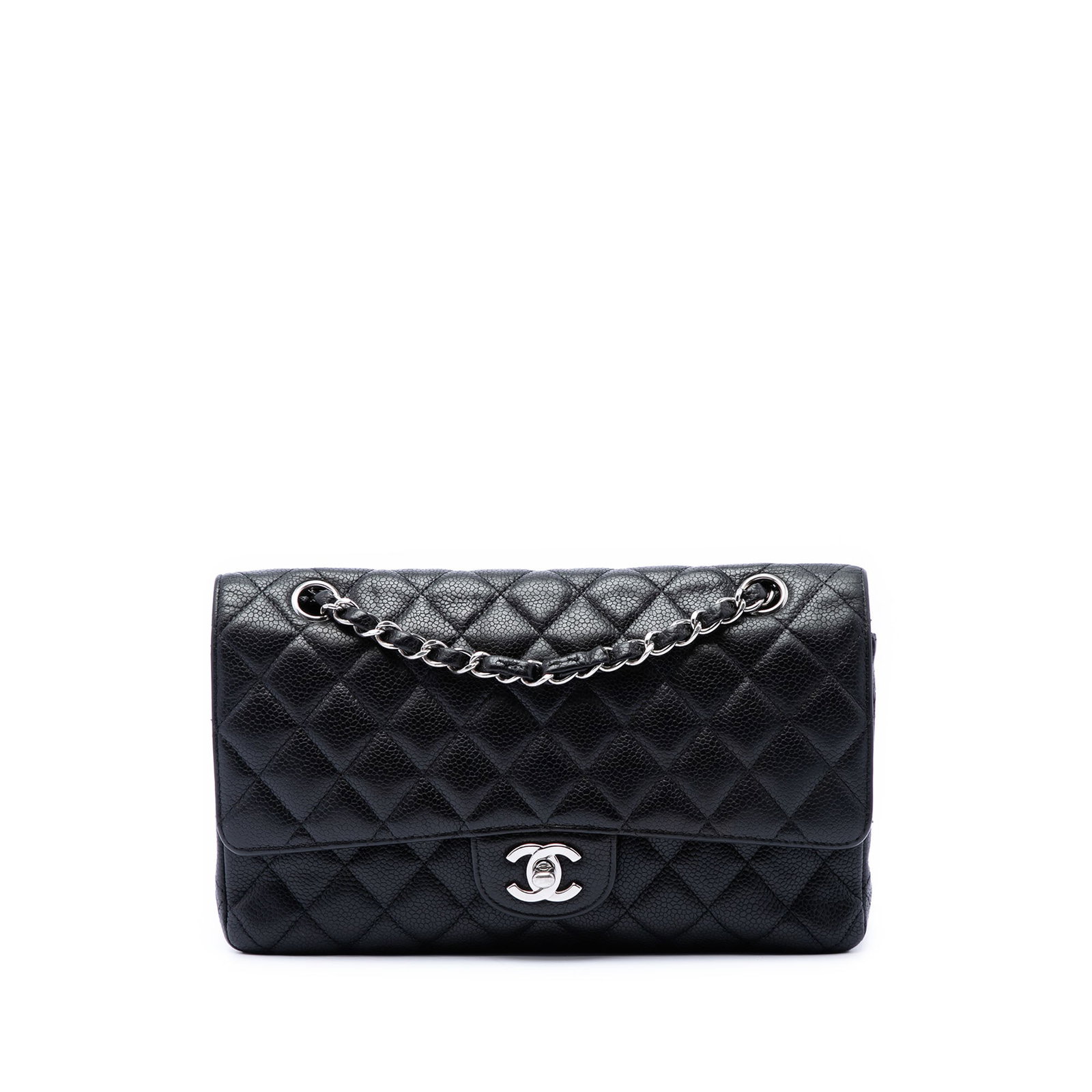 Chanel Medium Classic Double Flap Shoulder Bag in Black Caviar Leather: Chanel Medium Classic Double Flap Shoulder Bag in Black Caviar Leather Medium Classic Caviar Double Flap shoulder bag in black quilted caviar leather with a leather-woven chain strap, exterior back sl