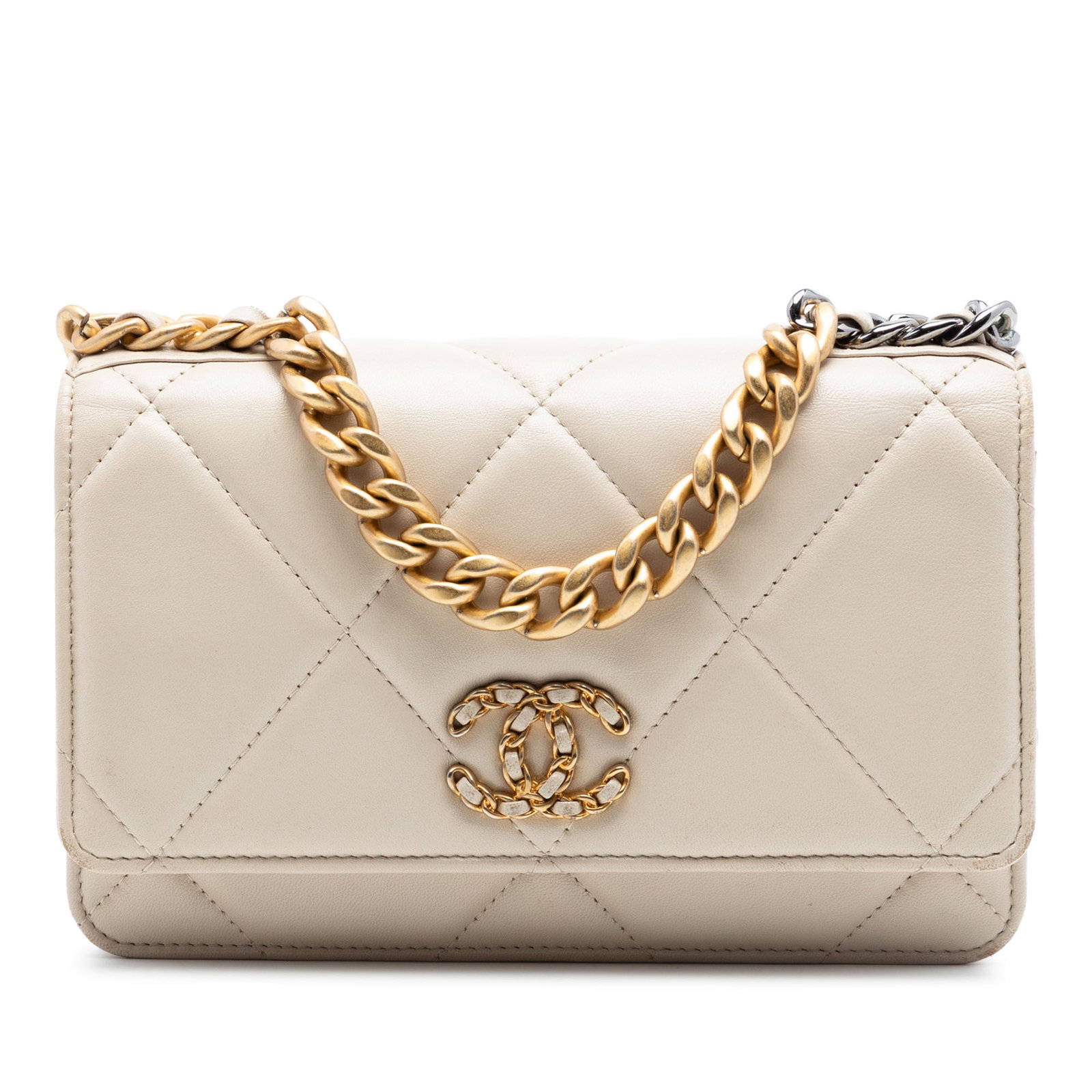 Chanel 19 Wallet on Chain Brown Quilted Lambskin Leather Bag: Chanel 19 Wallet on Chain Brown Quilted Lambskin Leather Bag Chanel Quilted Lambskin 19 Wallet on Chain in brown quilted lambskin leather. This bag features a chain-link handle, a leather-woven chain-