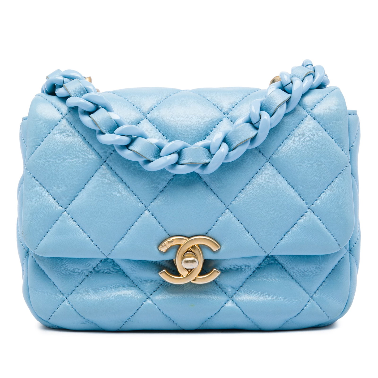 Chanel Mini Flap Crossbody Bag in Blue Quilted Lambskin: Chanel Mini Flap Crossbody Bag in Blue Quilted Lambskin Chanel Mini Quilted Lambskin Lacquered Chain Flap crossbody bag in blue. This bag features a quilted lambskin leather body, a leather-woven chai