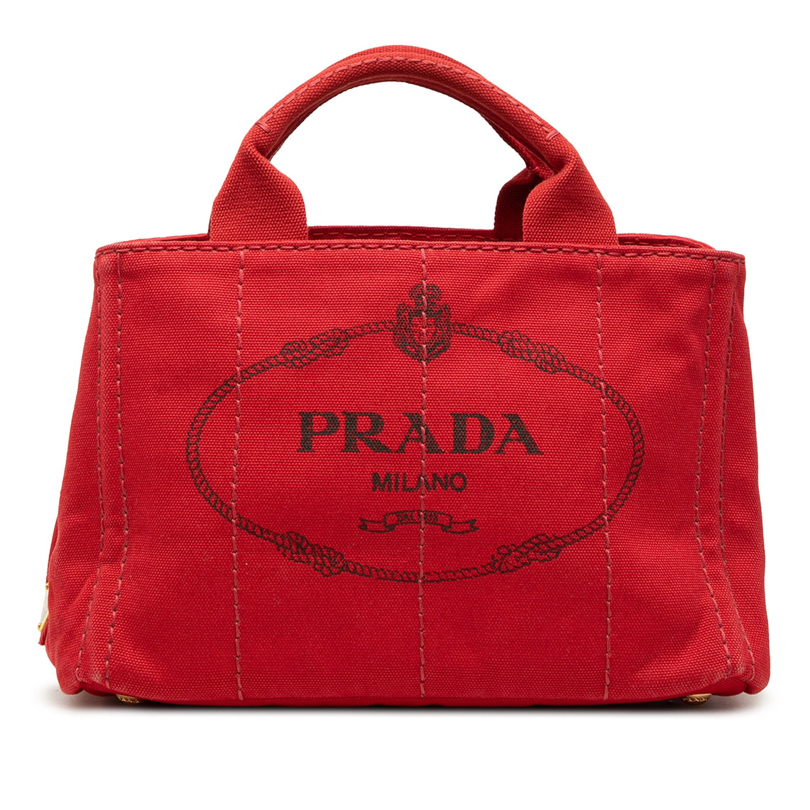 Prada Canapa Small Red Canvas Satchel Tote: Prada Canapa Small Red Canvas Satchel Tote Small Prada Canapa logo tote crafted with a canvas body and rolled canvas handles. The bag features an open top and an interior with zip and slip pockets. Co