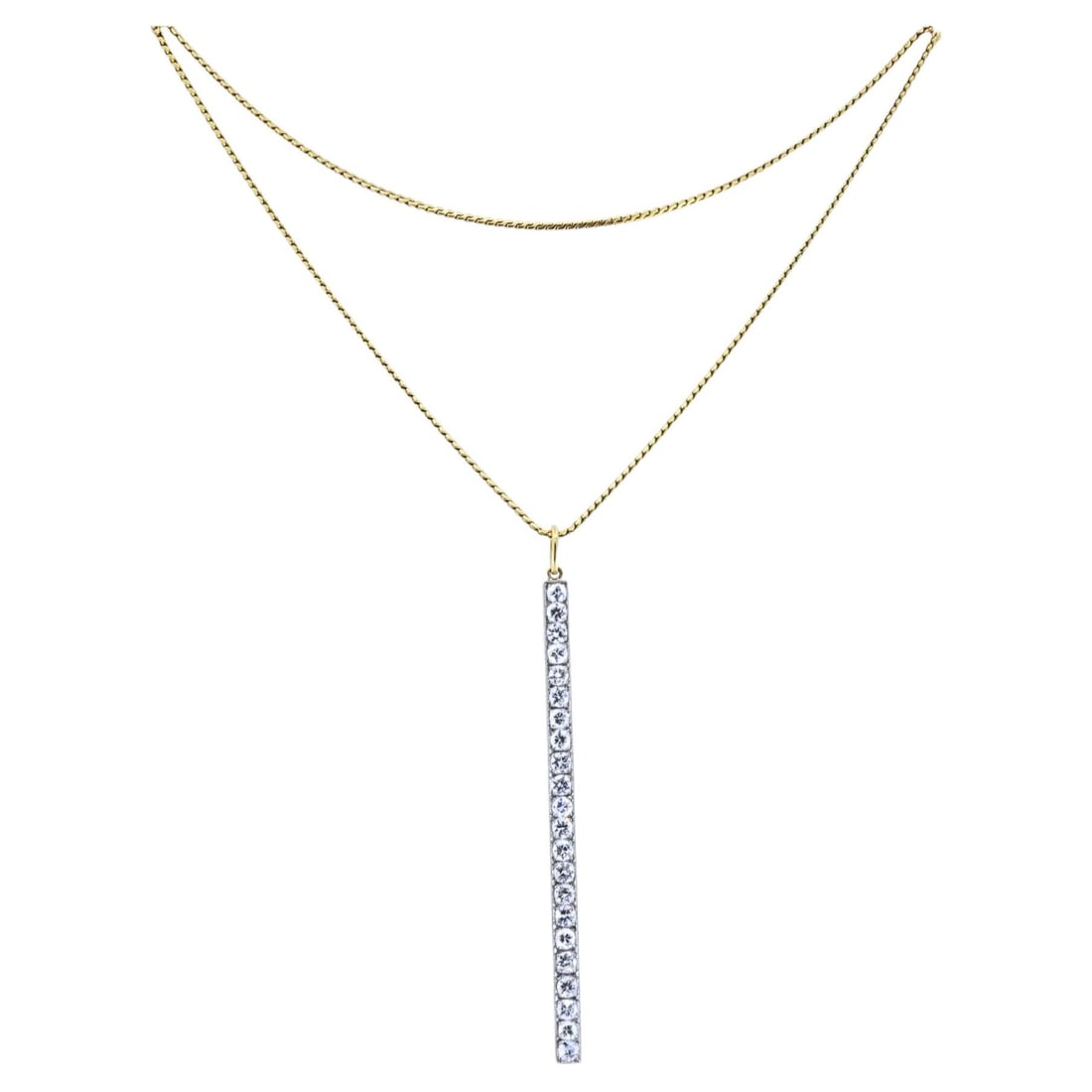 Set of 2 Diamond Bar Pendant Necklace in Platinum with 18k Gold Chain: Set of 2 Diamond Bar Pendant Necklace in Platinum with 18k Gold Chain A long diamond bar pendant necklace crafted with a platinum diamond pendant suspended from an 18k gold chain. The pendant features