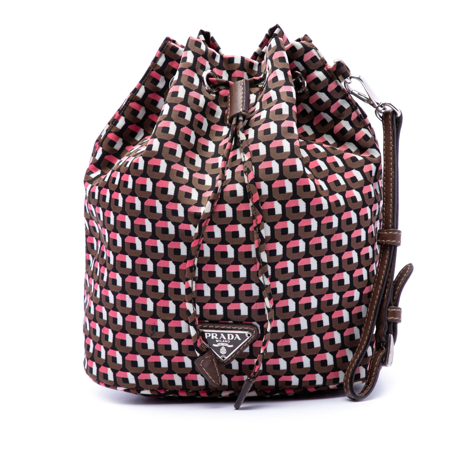 Prada Tessuto printed nylon wristlet pouch with drawstring: Prada Tessuto printed nylon wristlet pouch with drawstring Prada Tessuto Geometric Print Drawstring Pouch in printed nylon with leather trim and a flat leather wrist strap. The pouch has an open top w