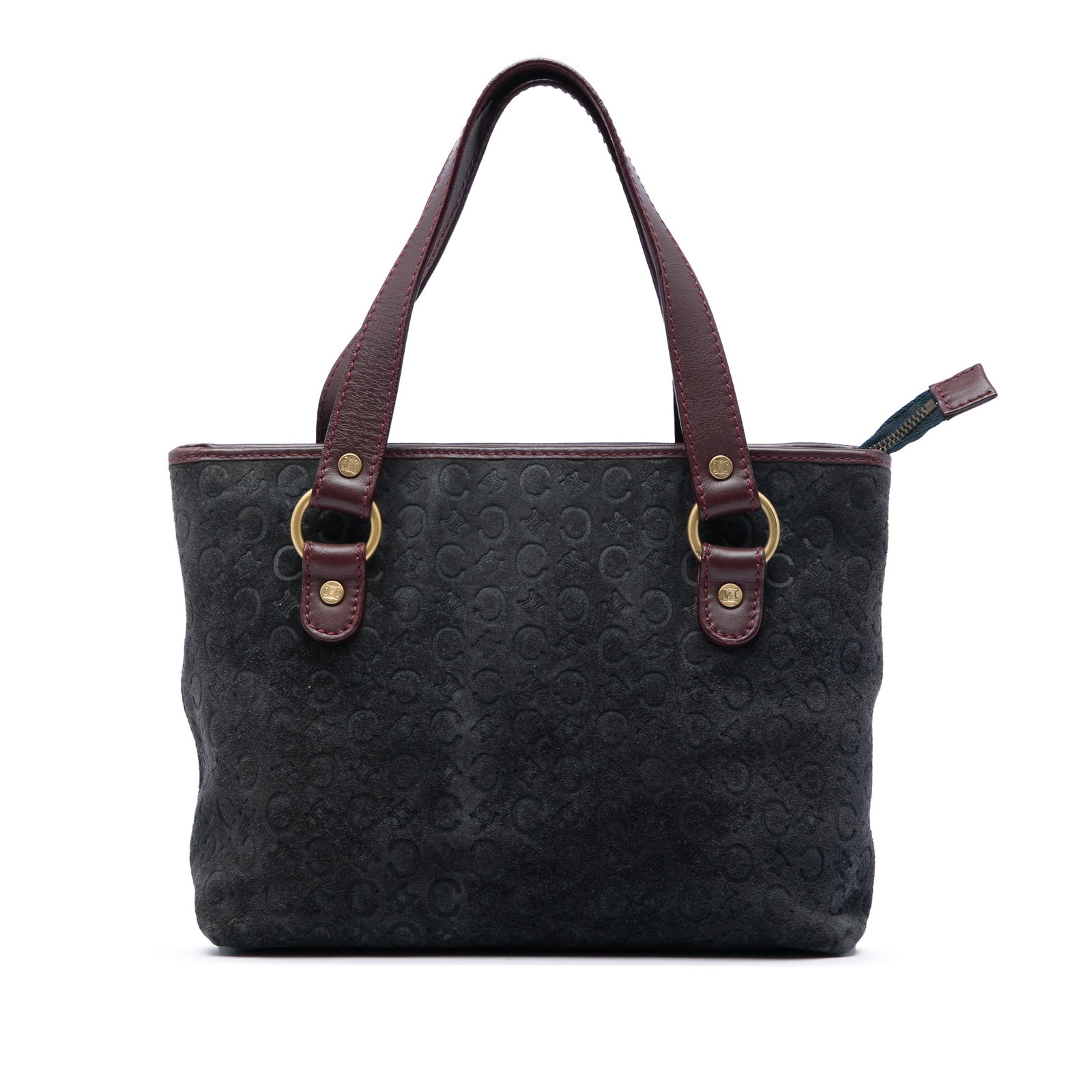 Celine C Macadam gray suede leather trim handbag: Celine C Macadam gray suede leather trim handbag Celine C Macadam suede handbag with calf leather trim, flat leather handles, a top zip closure, and an interior zip pocket. Made in Italy, this gray ha