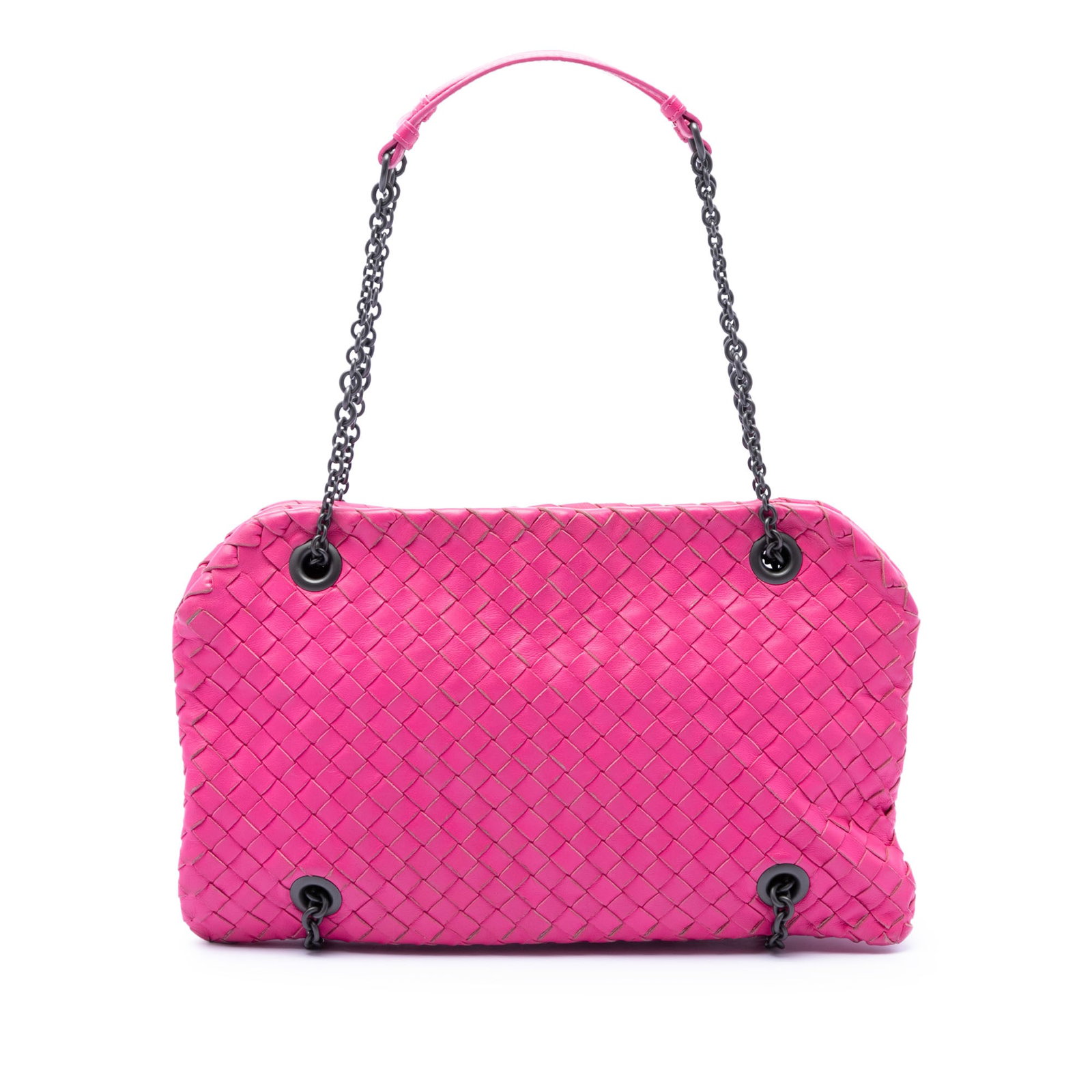 Bottega Veneta Duo Shoulder Bag Pink Nappa Intrecciato Leather: Bottega Veneta Duo Shoulder Bag Pink Nappa Intrecciato Leather Bottega Veneta Duo shoulder bag in pink nappa intrecciato woven leather. This shoulder bag features chain link straps with a leather guar