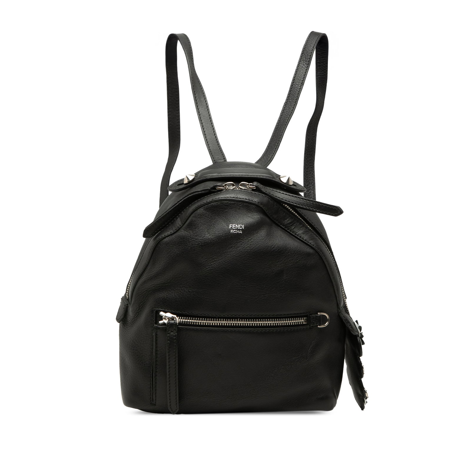 Fendi By The Way Mini Leather Backpack Black: Fendi By The Way Mini Leather Backpack Black Mini leather backpack with a structured silhouette, top handle, and flat back straps. It features a 2-way top zip closure, an exterior zip pocket, and an i