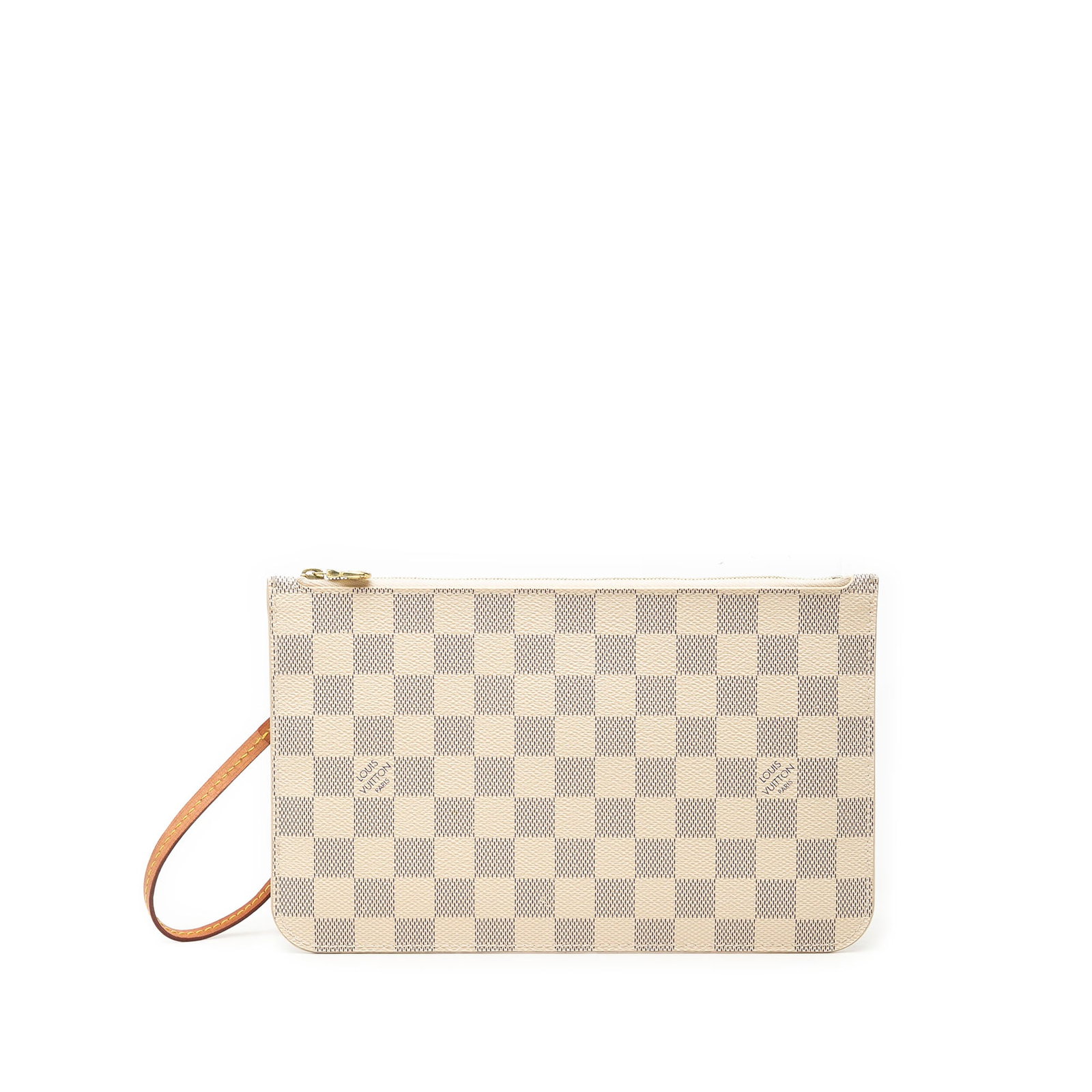 Louis Vuitton Neverfull MM Damier Azur wristlet pouch: Louis Vuitton Neverfull MM Damier Azur wristlet pouch Louis Vuitton Damier Azur Neverfull Pouch MM with a damier azur canvas body, detachable flat leather wrist strap, top zip closure, and interior sl