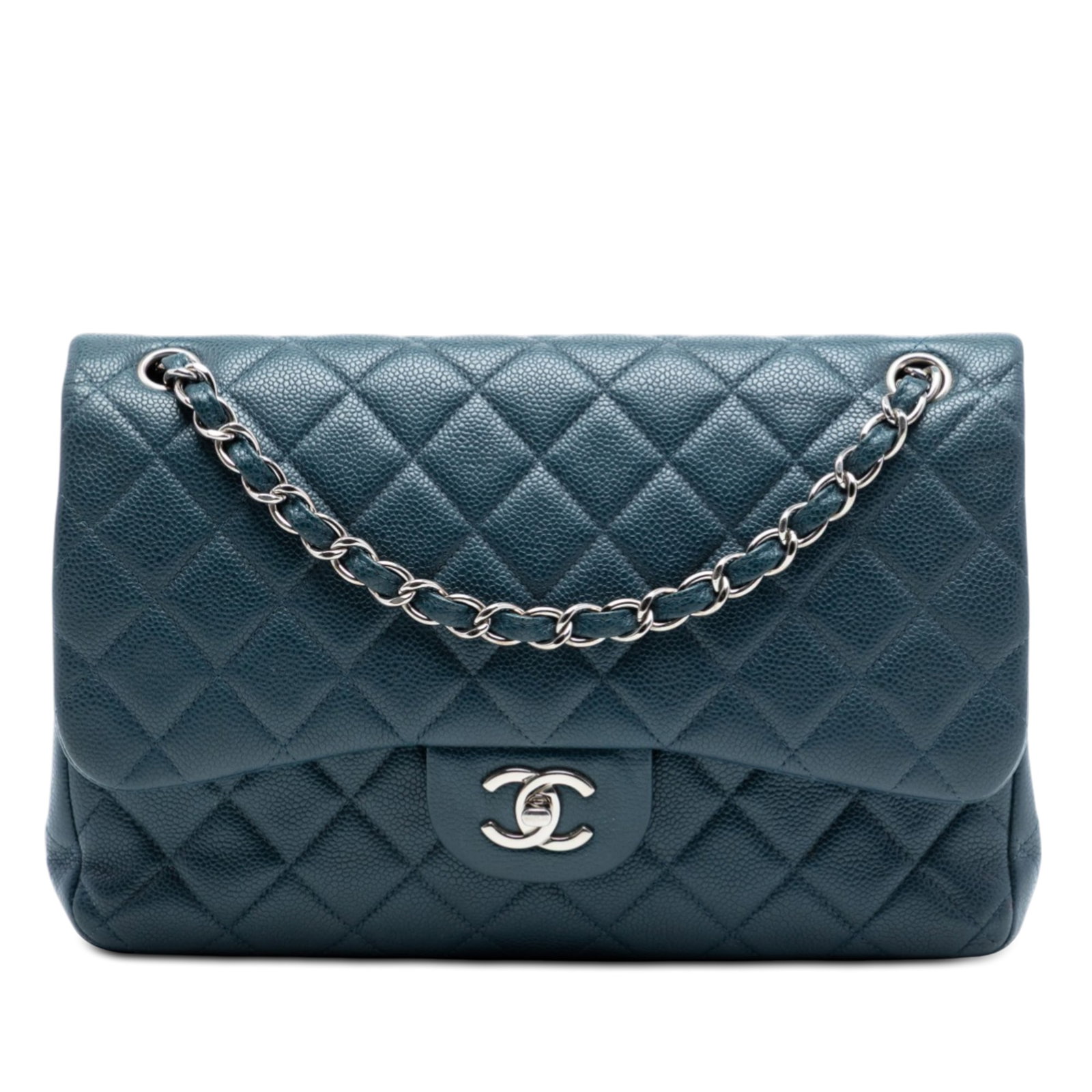 Chanel blue caviar leather jumbo double flap shoulder bag: Chanel blue caviar leather jumbo double flap shoulder bag This Chanel Jumbo Classic Caviar Double Flap shoulder bag is crafted from quilted caviar leather in blue and features silver-tone leather wove