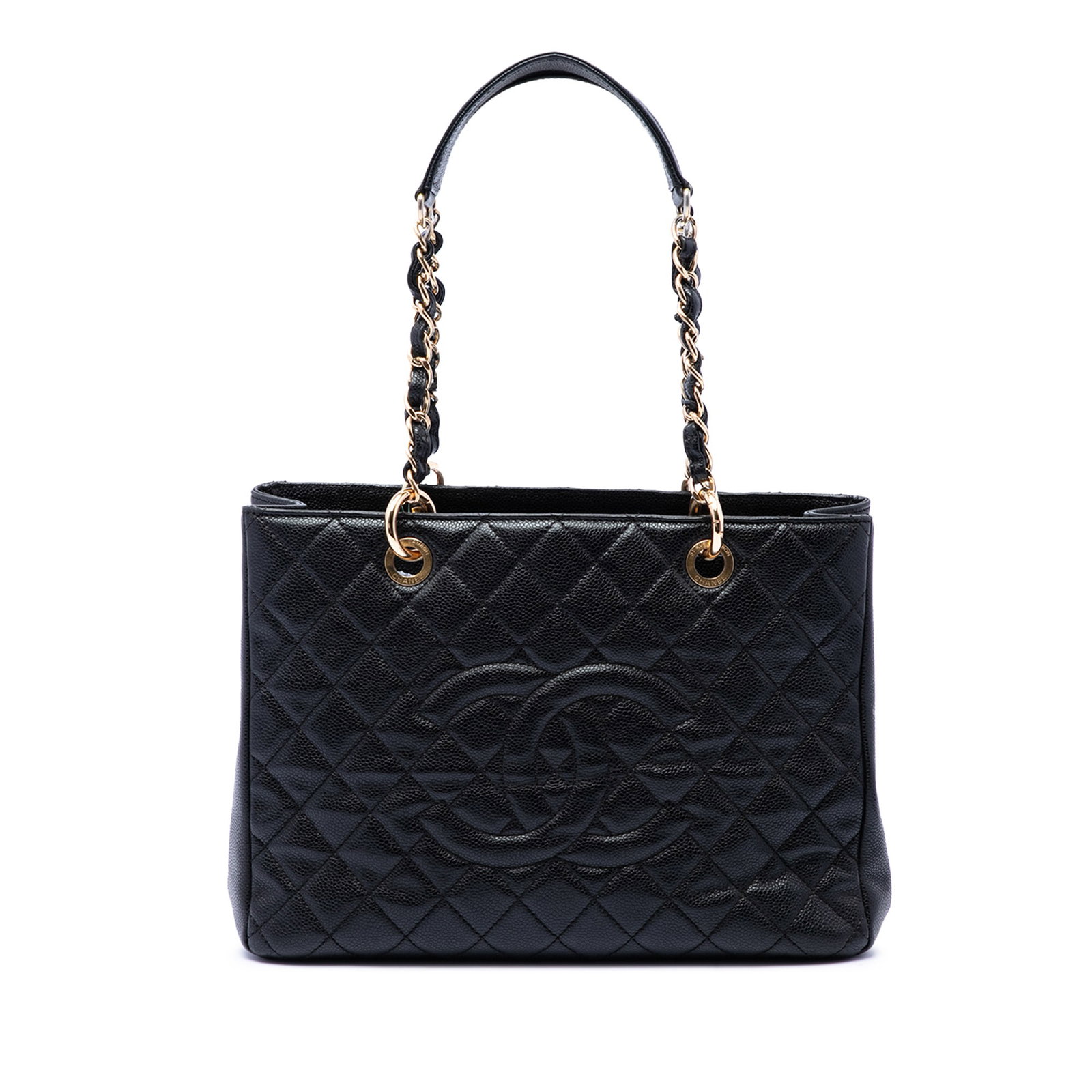Chanel Grand Shopping Tote in Black Caviar Leather: Chanel Grand Shopping Tote in Black Caviar Leather Chanel Grand Shopping Tote in black quilted caviar leather with leather-woven chain shoulder straps and an open-top design. The bag includes an exter