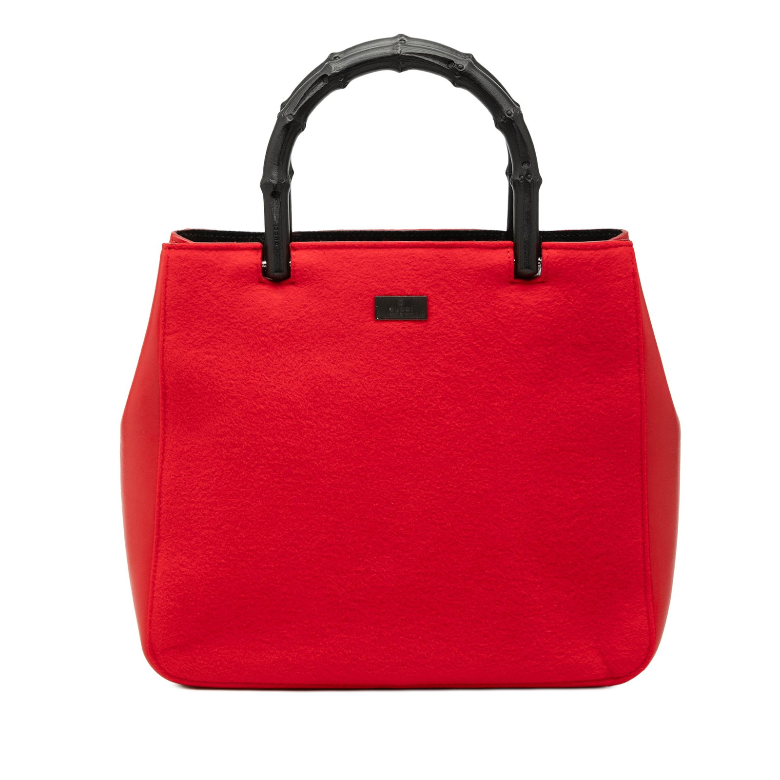 Gucci Bamboo Top Handle Wool Calfskin Tote Bag: Gucci Bamboo Top Handle Wool Calfskin Tote Bag This Gucci Wool and Calfskin Bamboo Top Handle Bag features a combination of wool and leather materials, accented by a distinctive bamboo top handle. The