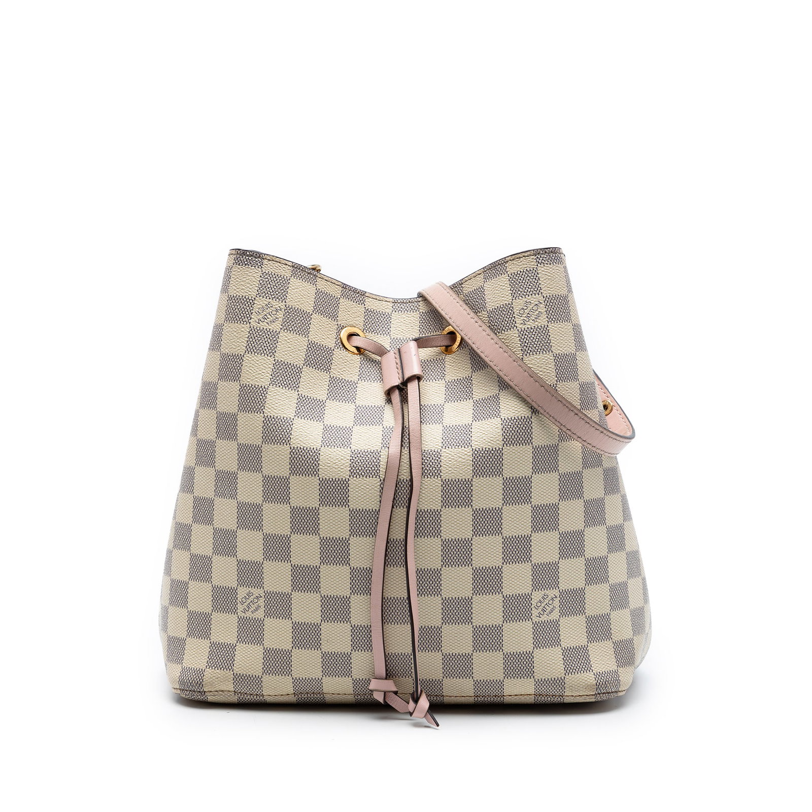 Louis Vuitton Neonoe MM Damier Azur Drawstring Shoulder Bag: Louis Vuitton Neonoe MM Damier Azur Drawstring Shoulder Bag Louis Vuitton Damier Azur Neonoe MM bucket bag crafted with a damier azur canvas body, a flat leather strap, drawstring closure, and an inte