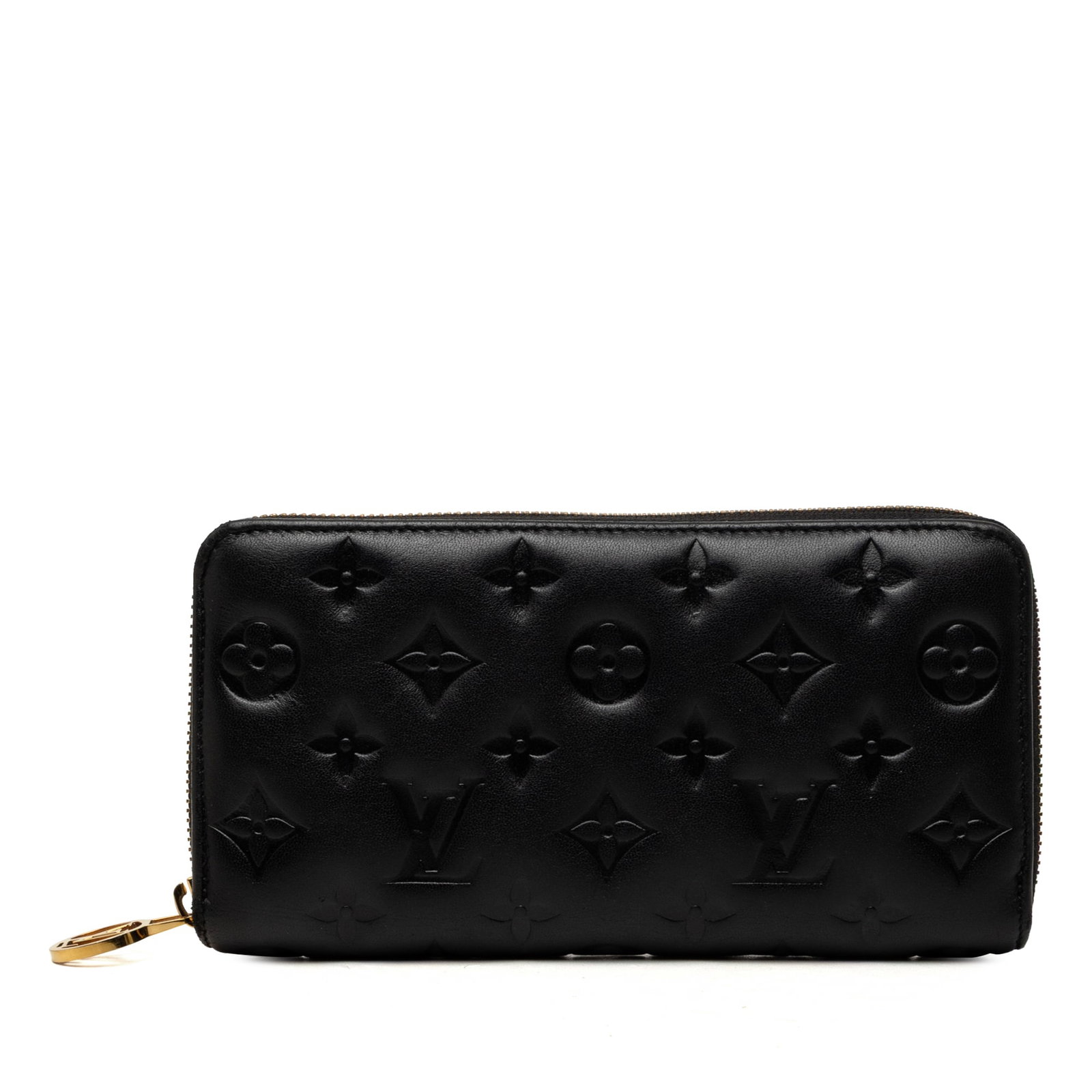 Louis Vuitton Coussin Zippy Wallet in Black Monogram Lambskin: Louis Vuitton Coussin Zippy Wallet in Black Monogram Lambskin Louis Vuitton Coussin Zippy wallet crafted in monogram-embossed padded lambskin leather with a zip-around closure. The interior is organiz