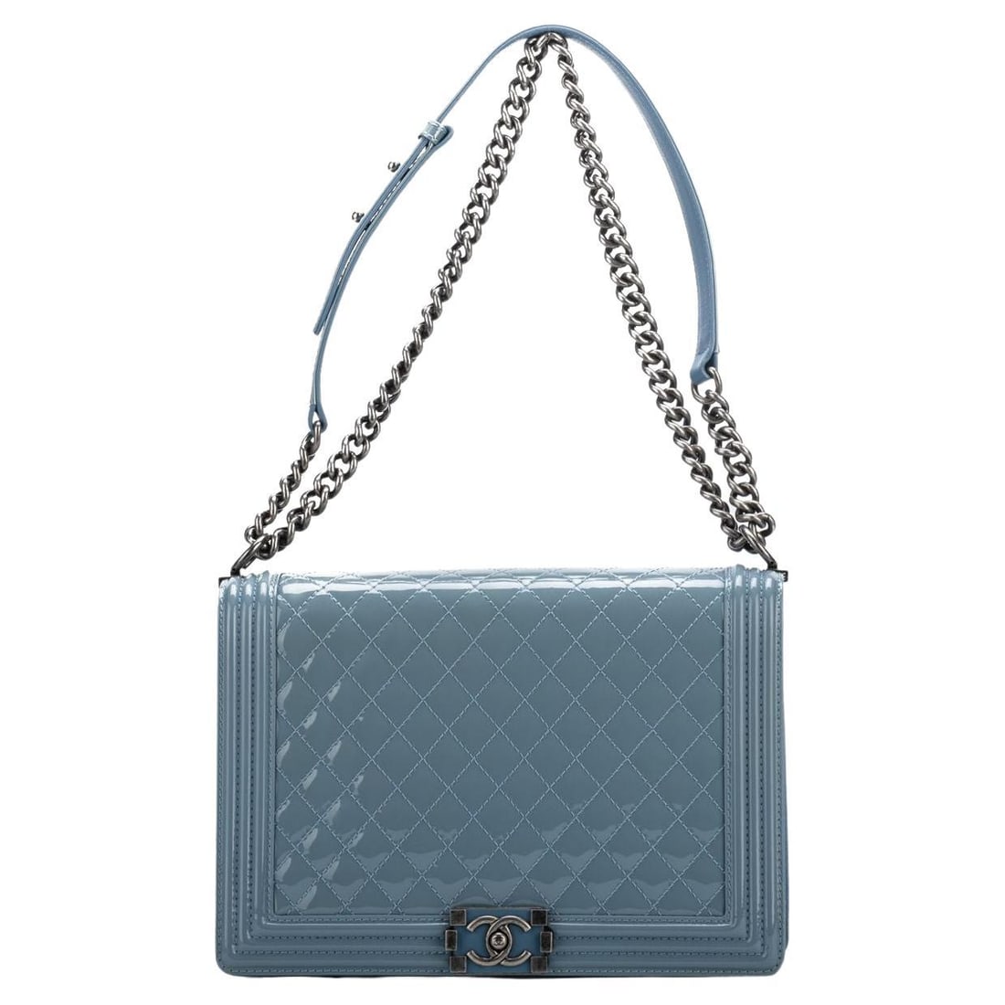 Chanel Celeste Patent Jumbo Boy Bag with Ruthenium Hardware: Chanel Celeste Patent Jumbo Boy Bag with Ruthenium Hardware The Chanel Celeste Patent Jumbo Boy Bag is a luxurious designer accessory crafted from high-quality celeste patent leather, complemented by 