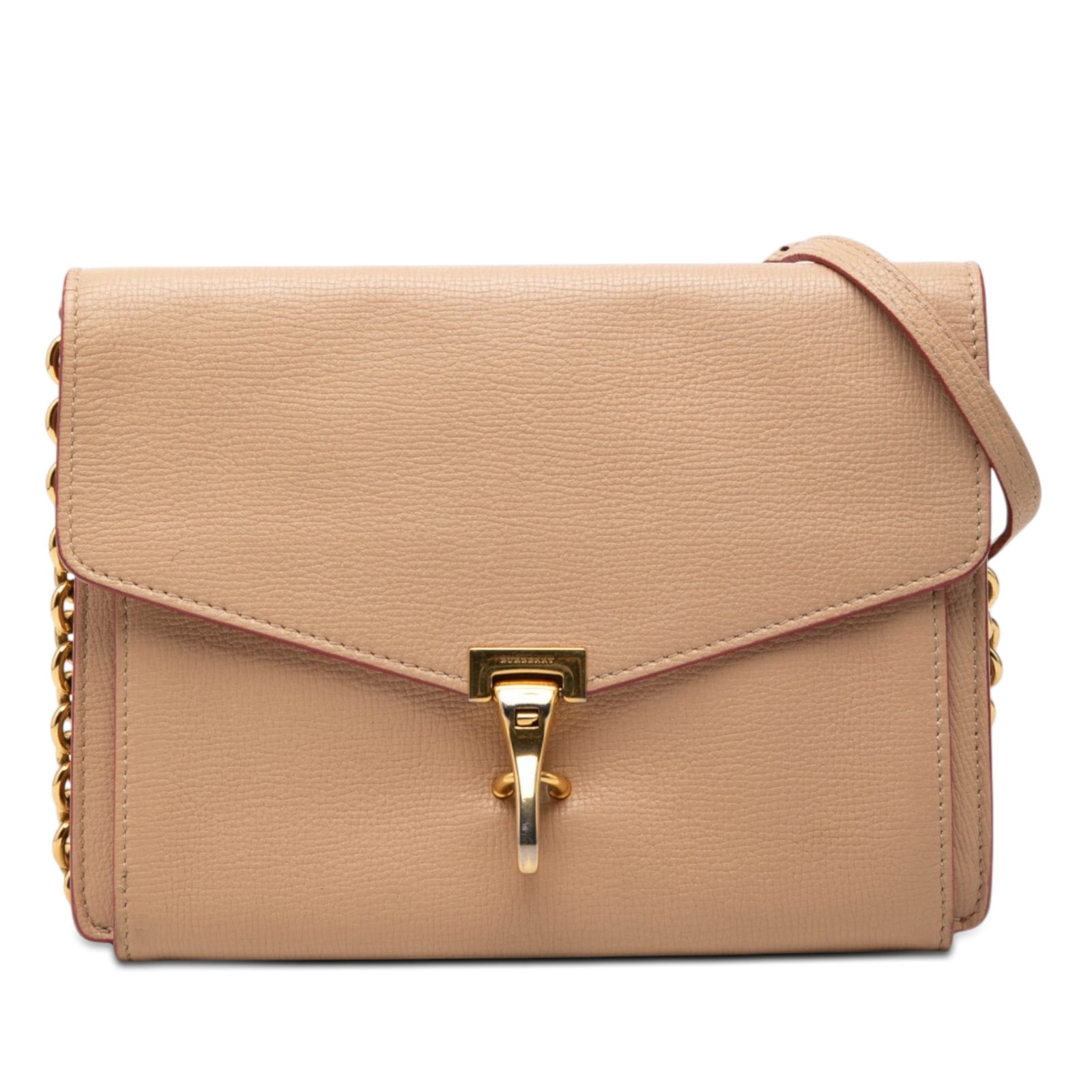 Burberry Macken Brown Leather Crossbody Bag: Burberry Macken Brown Leather Crossbody Bag Burberry Macken crossbody bag in brown leather with a flap and clasp closure. The design includes a chain-link and adjustable flat leather strap, an exterio