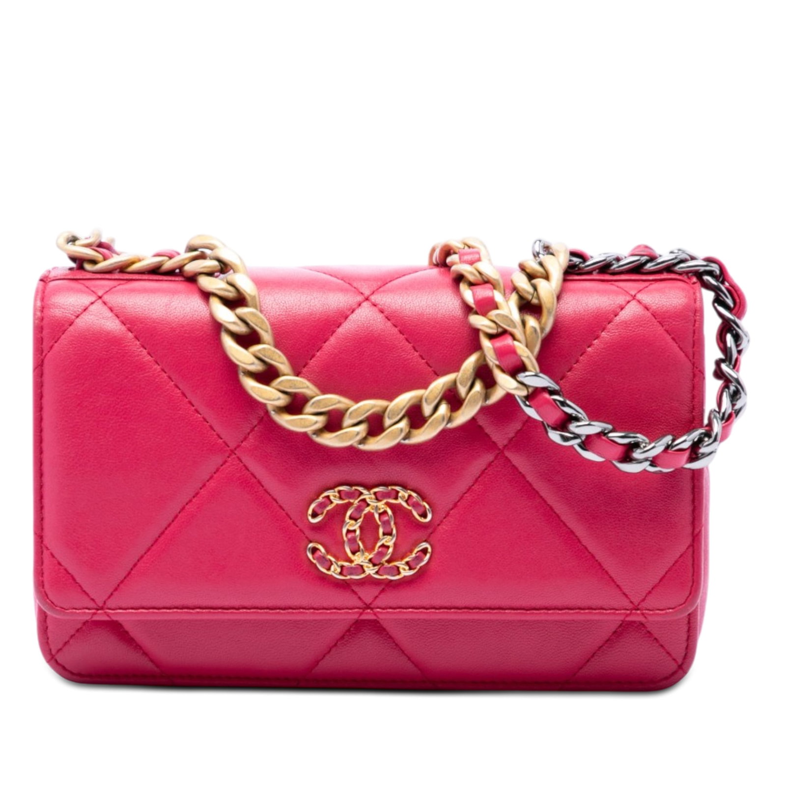 Chanel 19 Wallet on Chain Pink Quilted Lambskin Bag: Chanel 19 Wallet on Chain Pink Quilted Lambskin Bag A Chanel Quilted Lambskin 19 Wallet on Chain in pink, crafted with a quilted lambskin leather body. This wallet on chain features a chain-link handl
