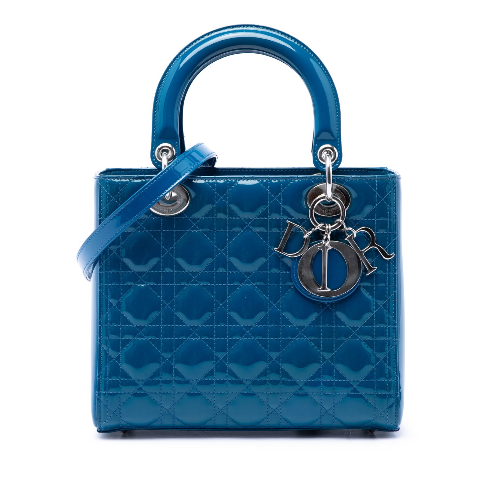 Dior Lady Dior Medium Cannage Patent Leather Handbag Blue: Dior Lady Dior Medium Cannage Patent Leather Handbag Blue Medium Lady Dior handbag in blue patent leather with Cannage quilting. It features flat top handles, a detachable flat leather strap, a top zi
