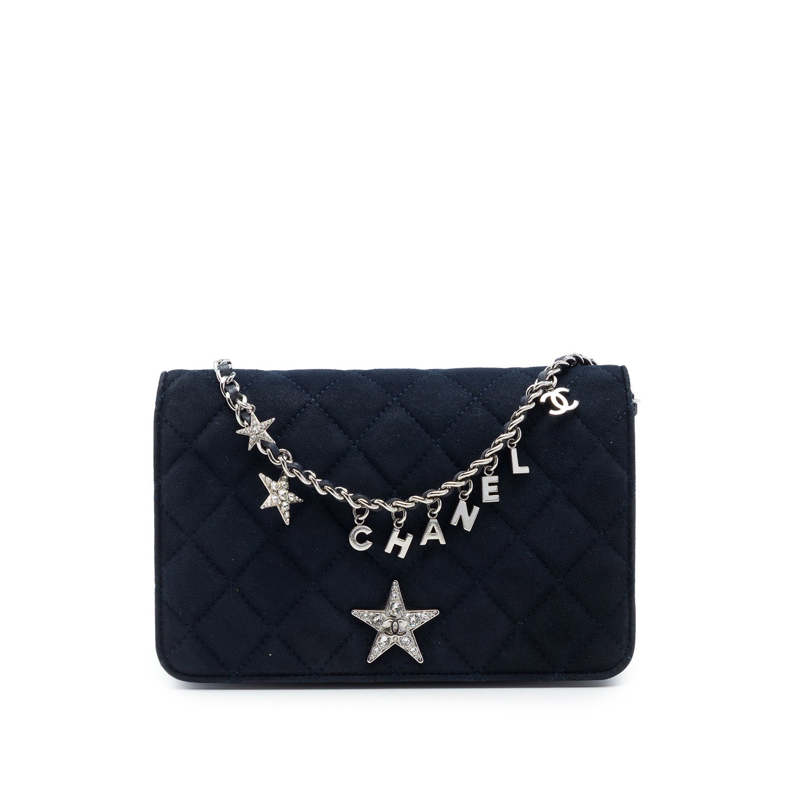 Chanel Cocostellar blue suede quilted wallet on chain: Chanel Cocostellar blue suede quilted wallet on chain Chanel Cocostellar wallet on chain in blue quilted suede leather. This shoulder bag features a leather-woven chain strap, a top flap with magnetic