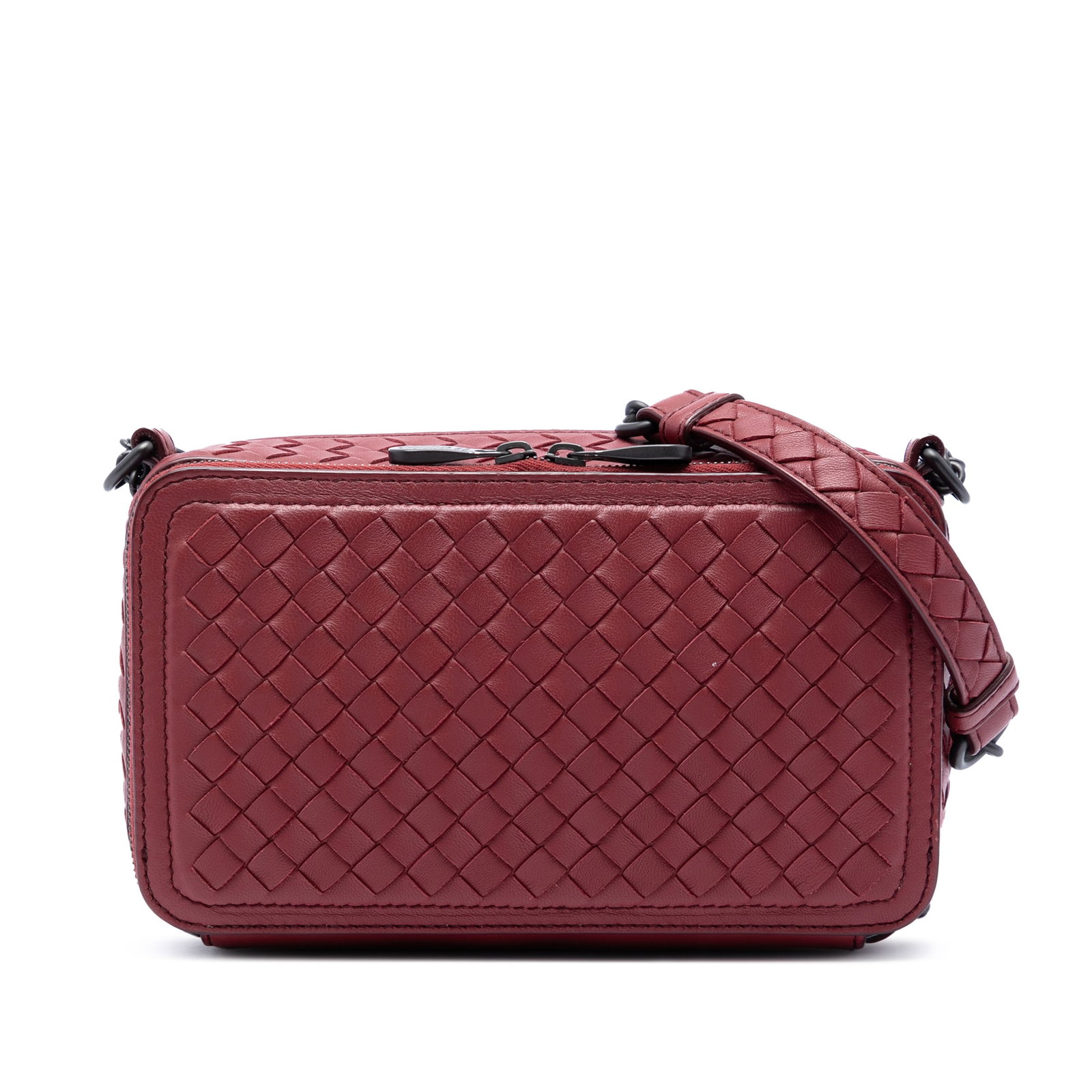 Bottega Veneta Intrecciato Double Zip Red Nappa Leather Shoulder Bag: Bottega Veneta Intrecciato Double Zip Red Nappa Leather Shoulder Bag Bottega Veneta Nappa Intrecciato Double Zip Shoulder Bag in red woven nappa leather. This shoulder bag features a chain link strap 